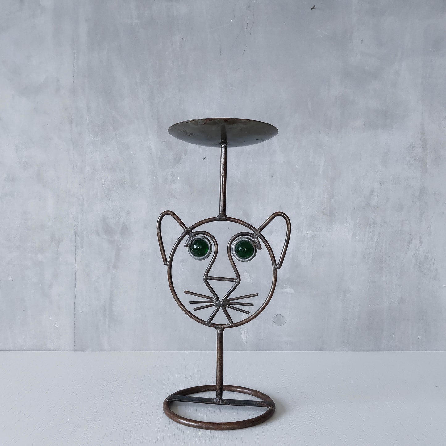 Vintage metalwork welded steel large cat face candle holder with green glass eyes