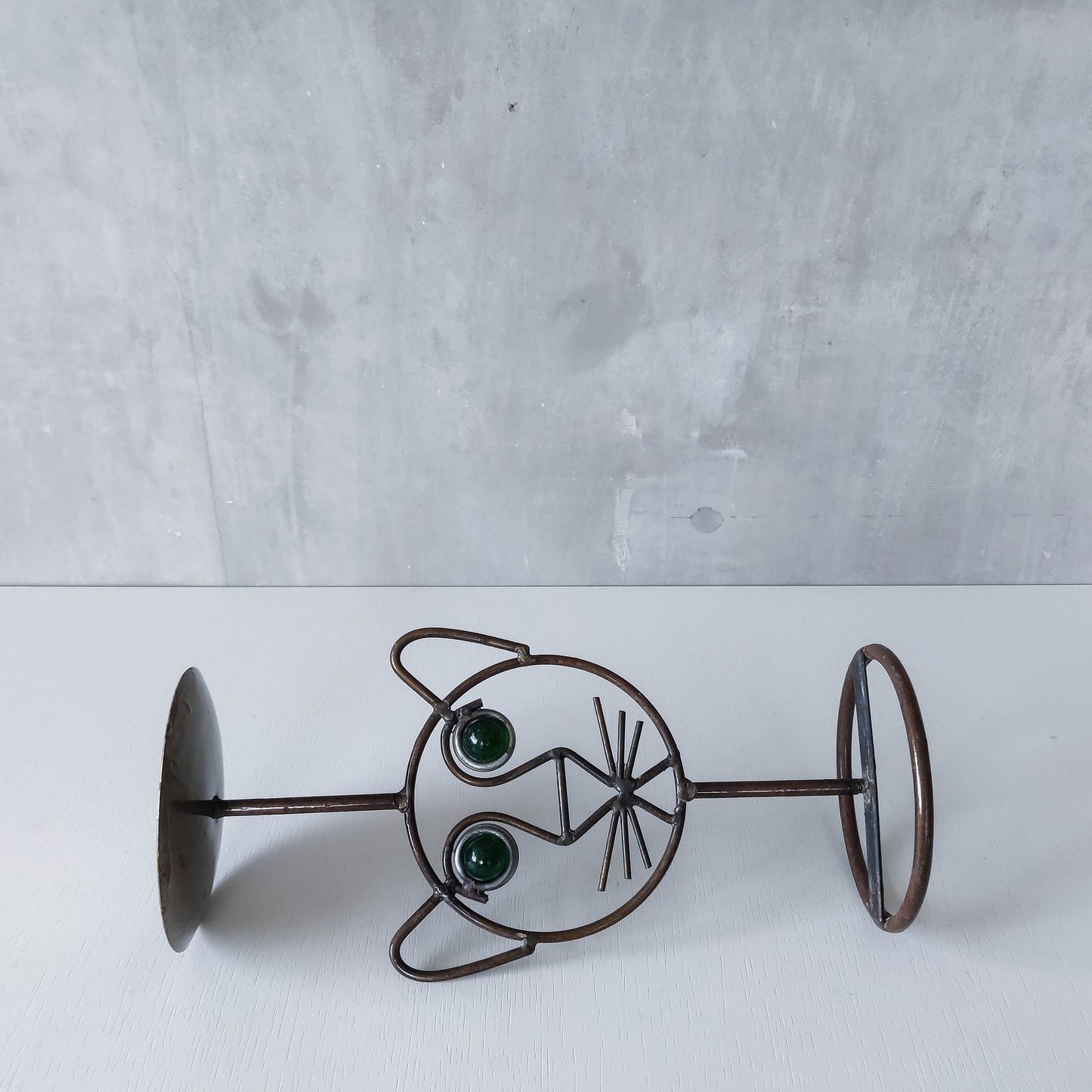 Vintage metalwork welded steel large cat face candle holder with green glass eyes
