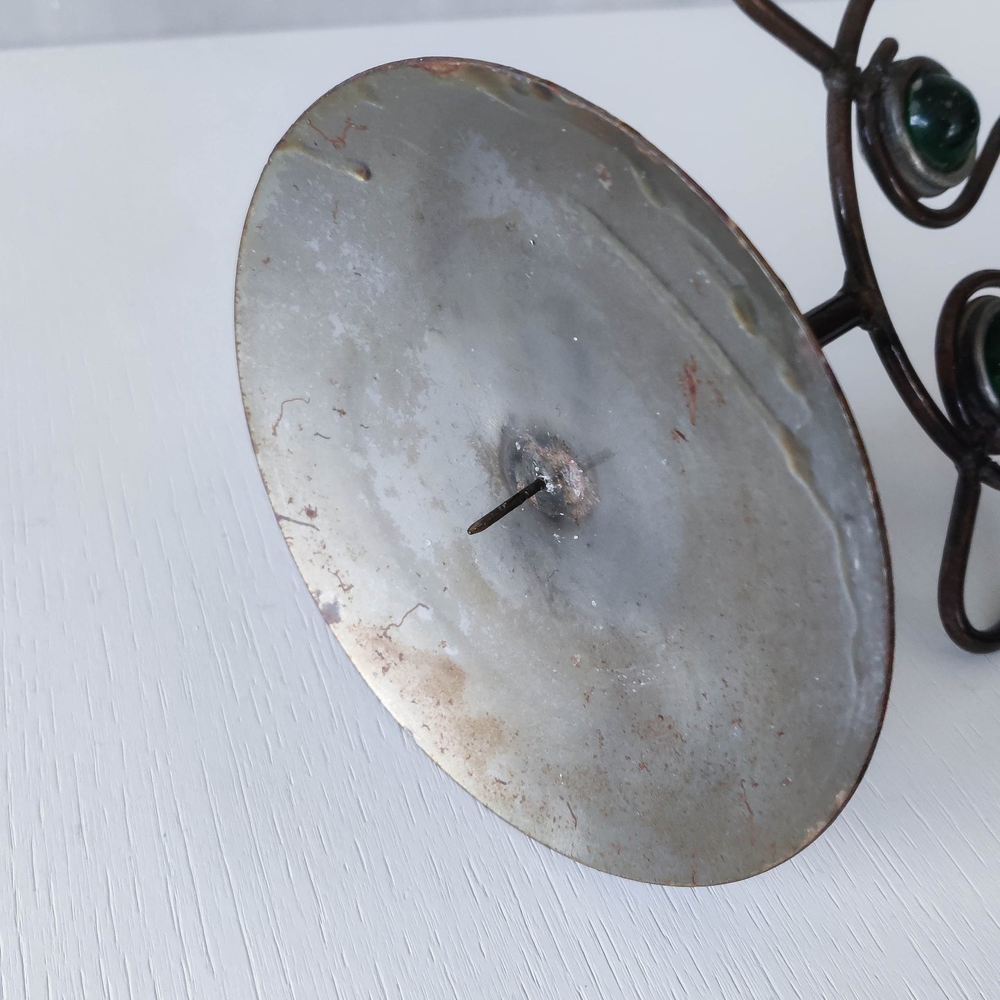 Vintage metalwork welded steel large cat face candle holder with green glass eyes