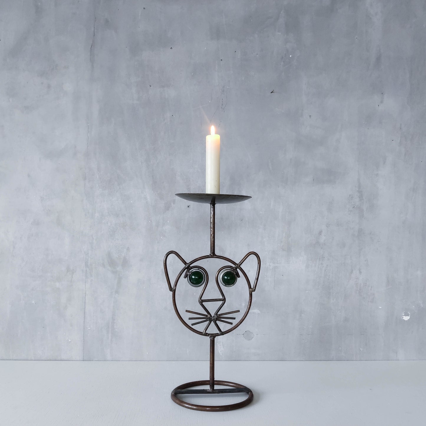 Vintage metalwork welded steel large cat face candle holder with green glass eyes