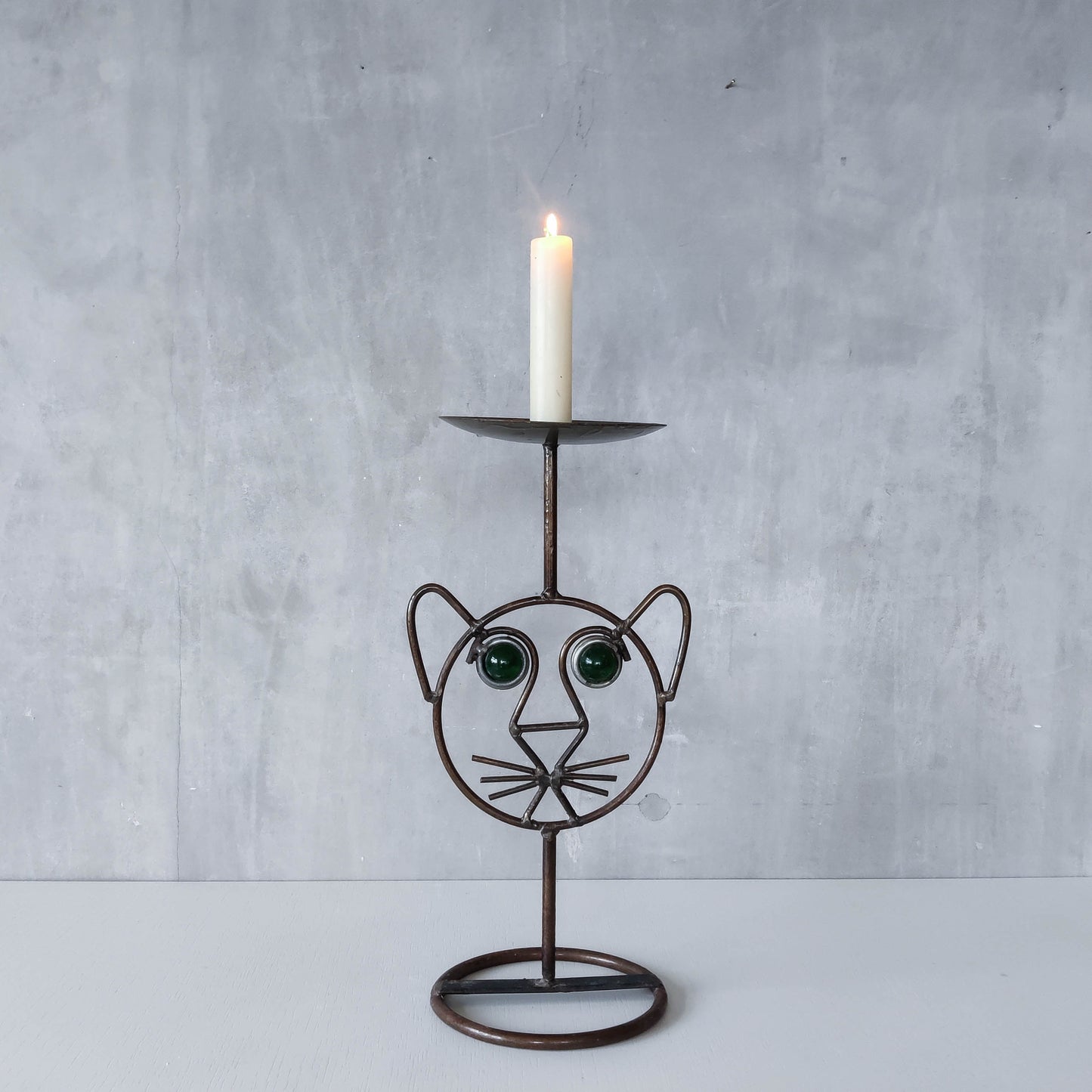 Vintage metalwork welded steel large cat face candle holder with green glass eyes