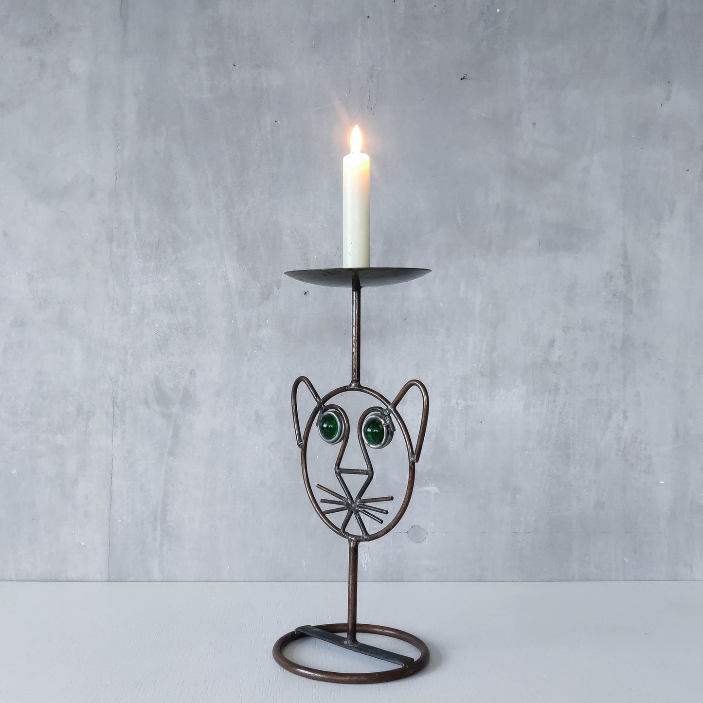 Vintage metalwork welded steel large cat face candle holder with green glass eyes