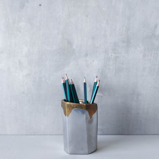 Vintage David Marshall Disenos brutalist hand cast aluminium and brass pen holder desk tidy