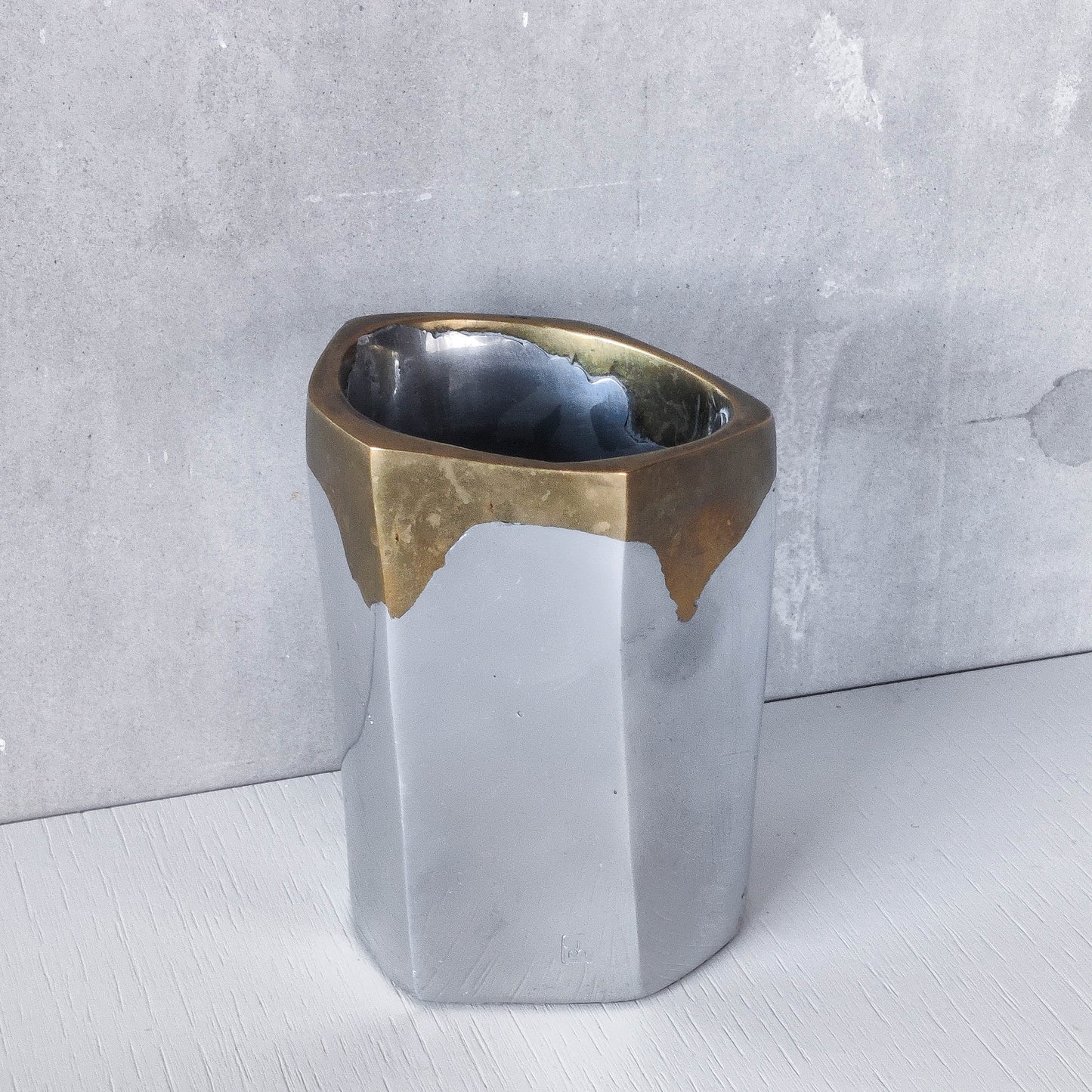 Vintage David Marshall Disenos brutalist hand cast aluminium and brass pen holder desk tidy