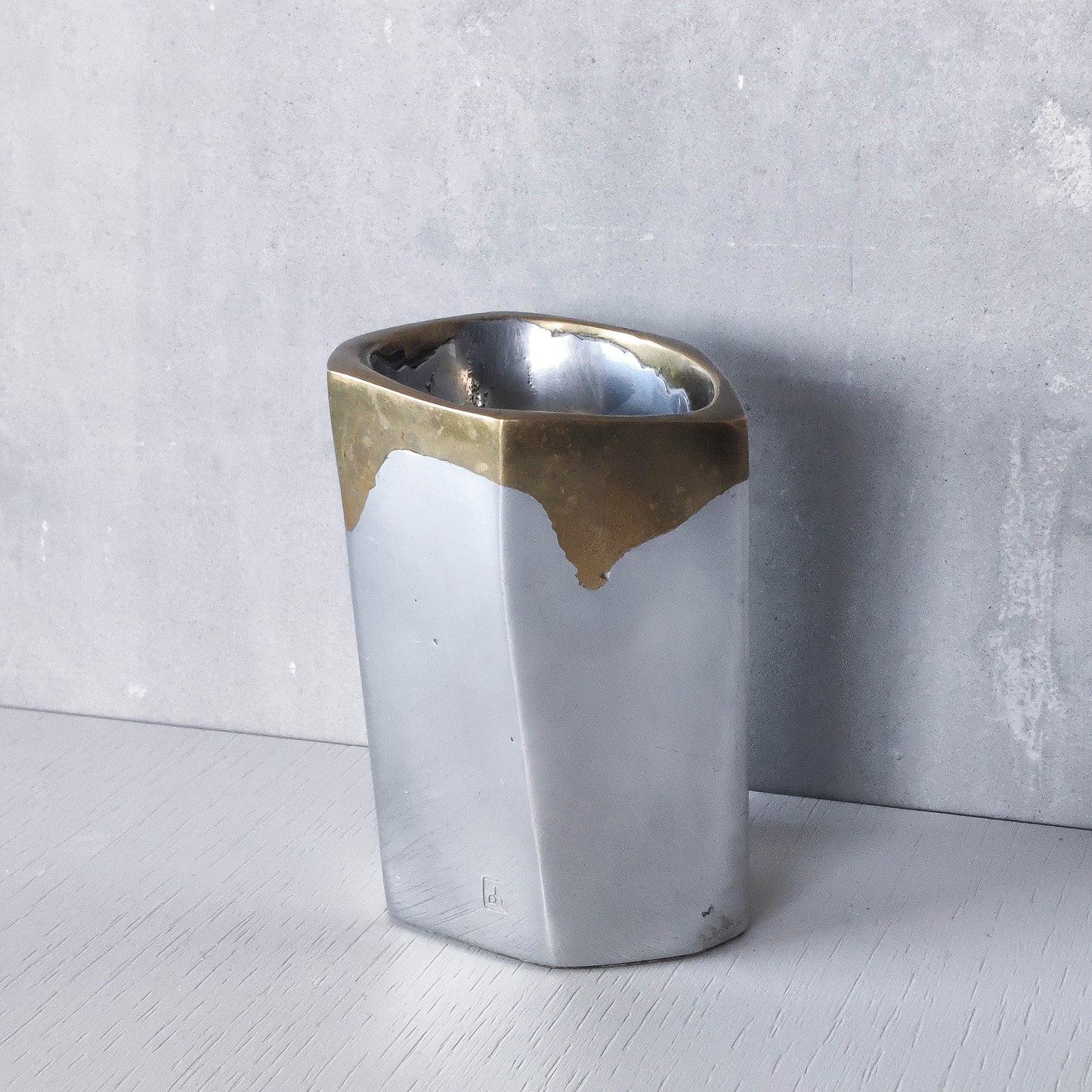 Vintage David Marshall Disenos brutalist hand cast aluminium and brass pen holder desk tidy