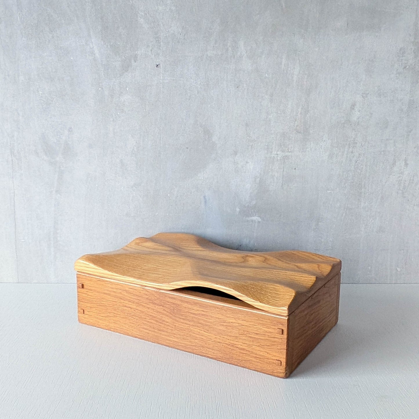 Artisan made oak wooden handmade lidded carved wave box