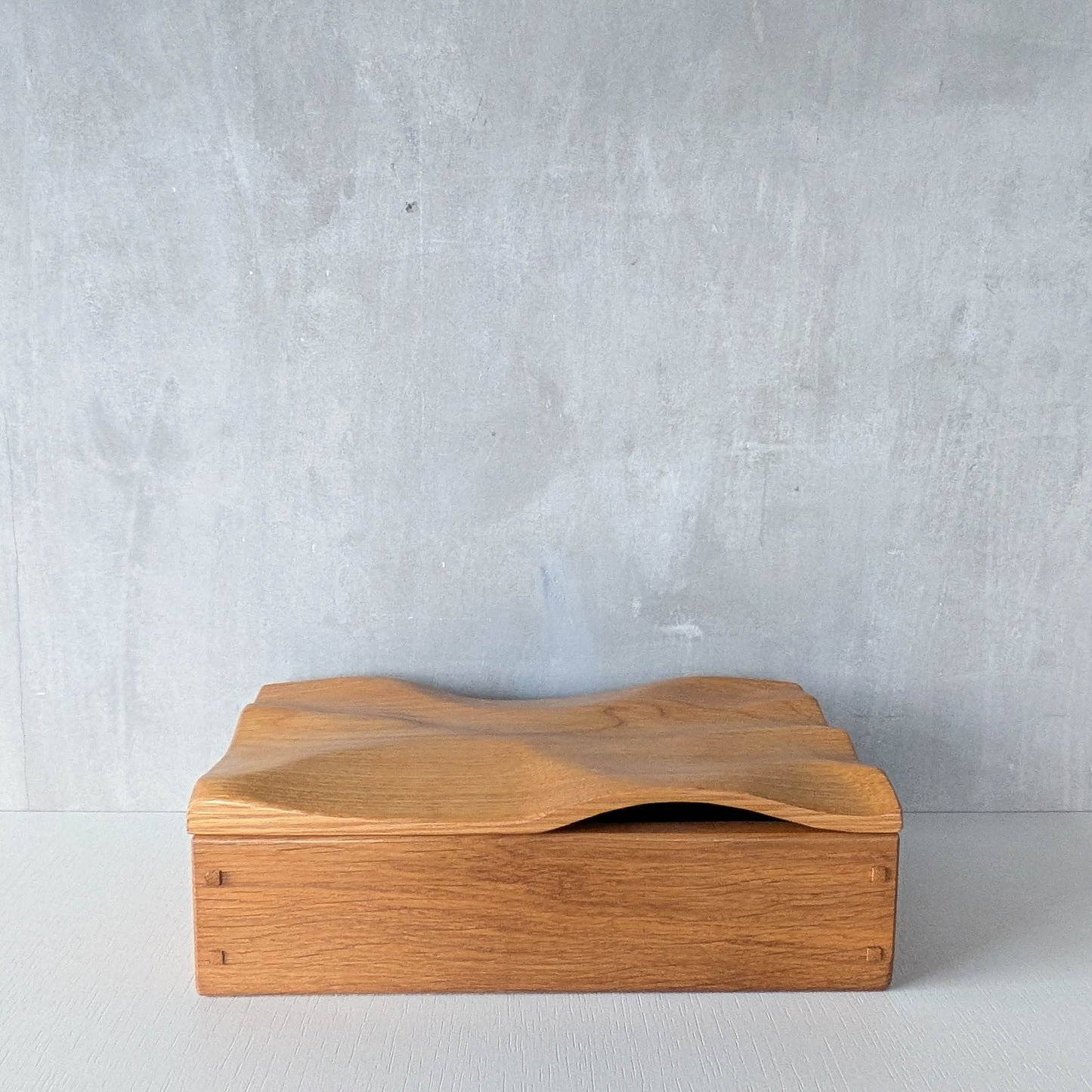 Artisan made oak wooden handmade lidded carved wave box
