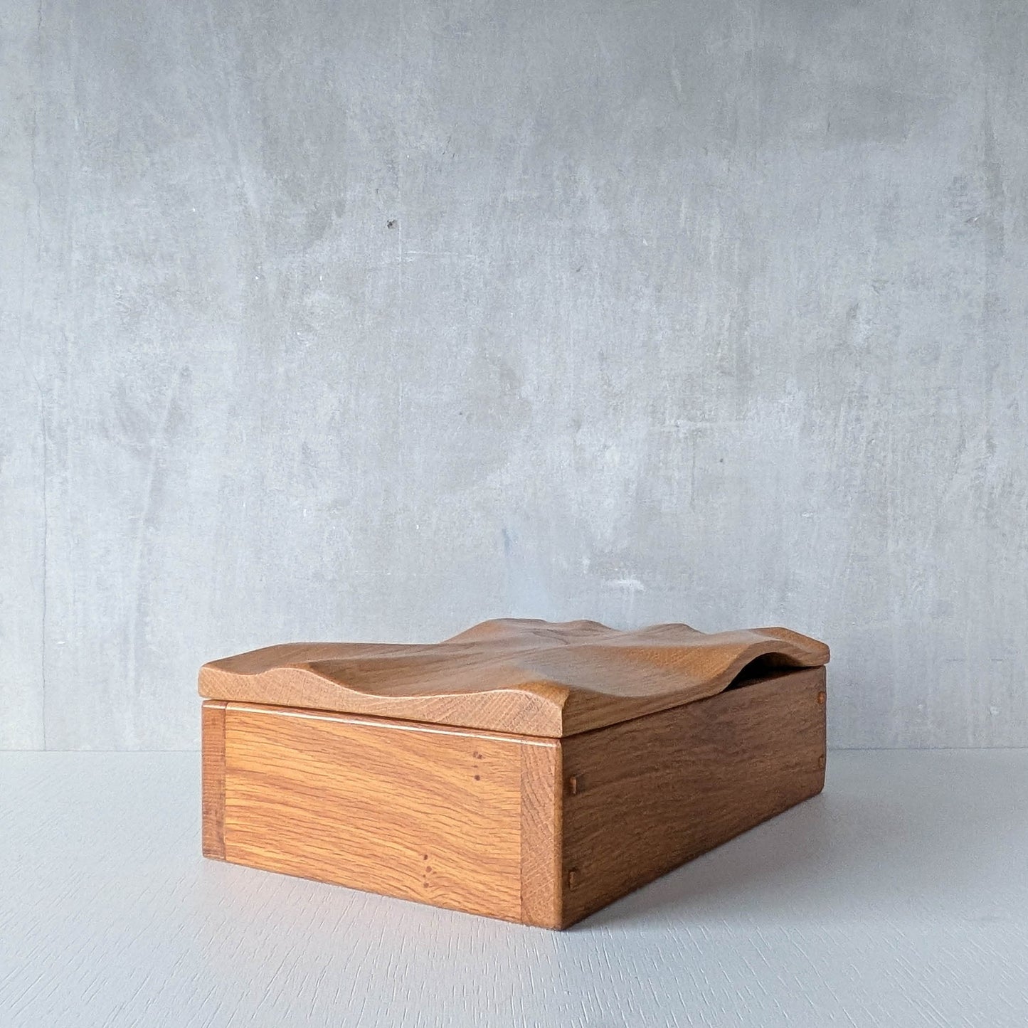 Artisan made oak wooden handmade lidded carved wave box