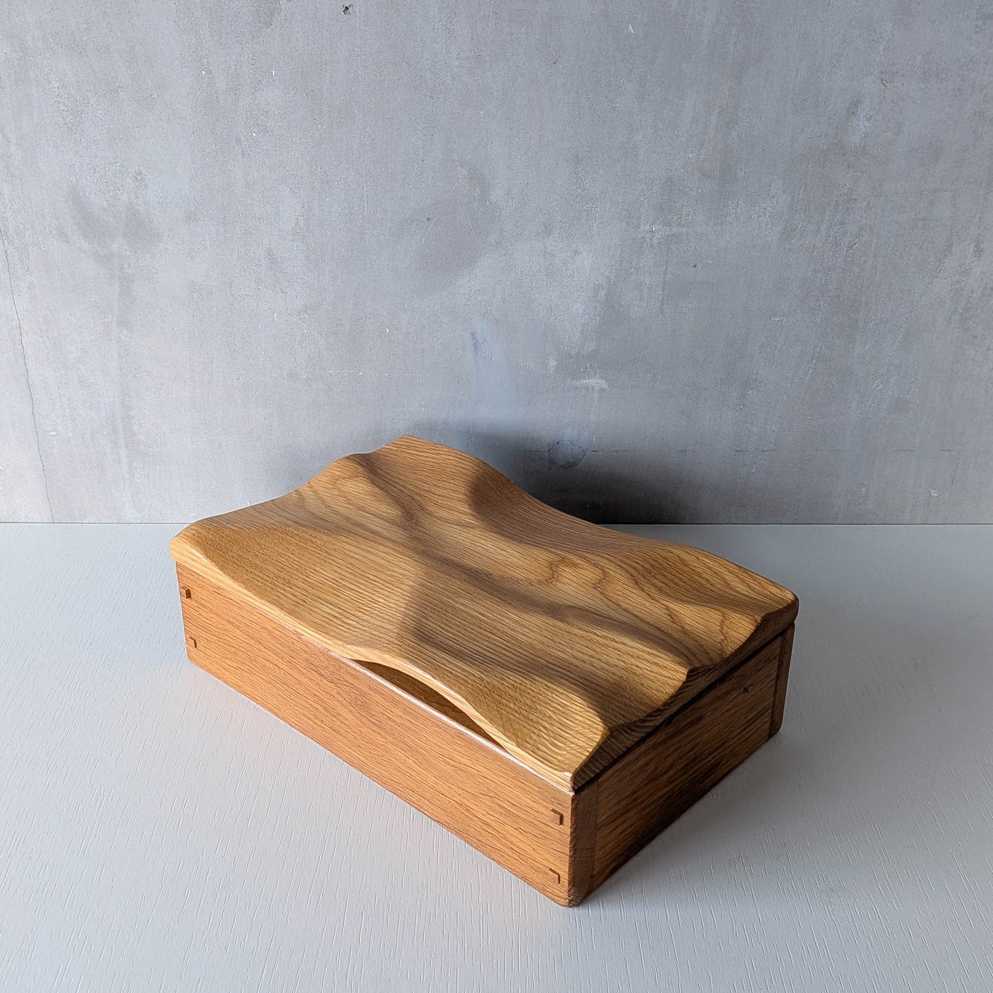 Artisan made oak wooden handmade lidded carved wave box