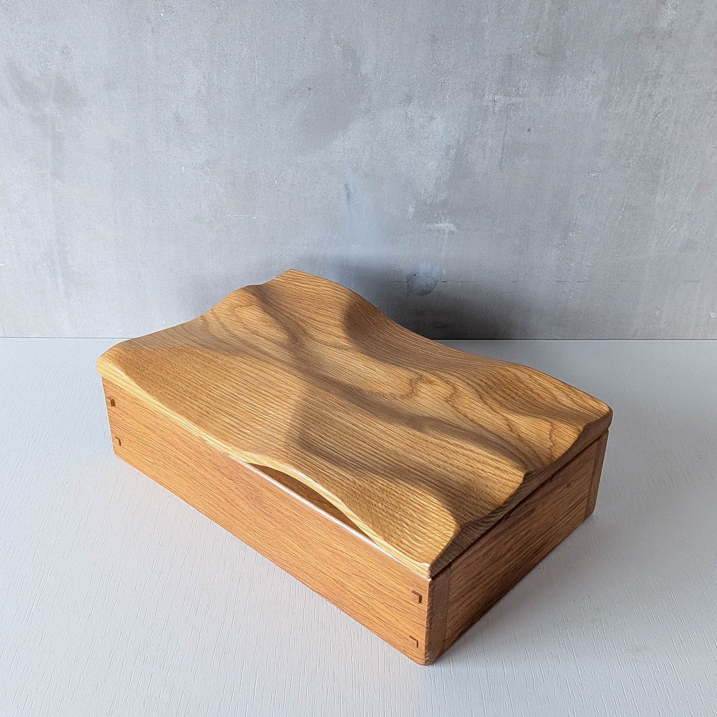 Artisan made oak wooden handmade lidded carved wave box