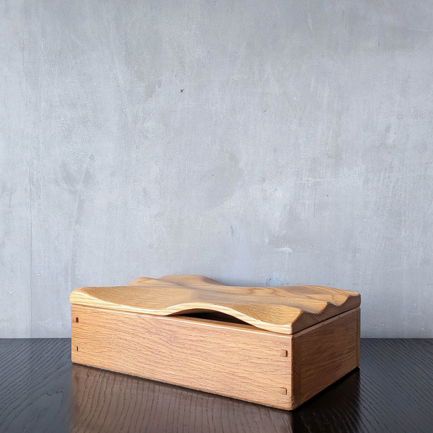 Artisan made oak wooden handmade lidded carved wave box