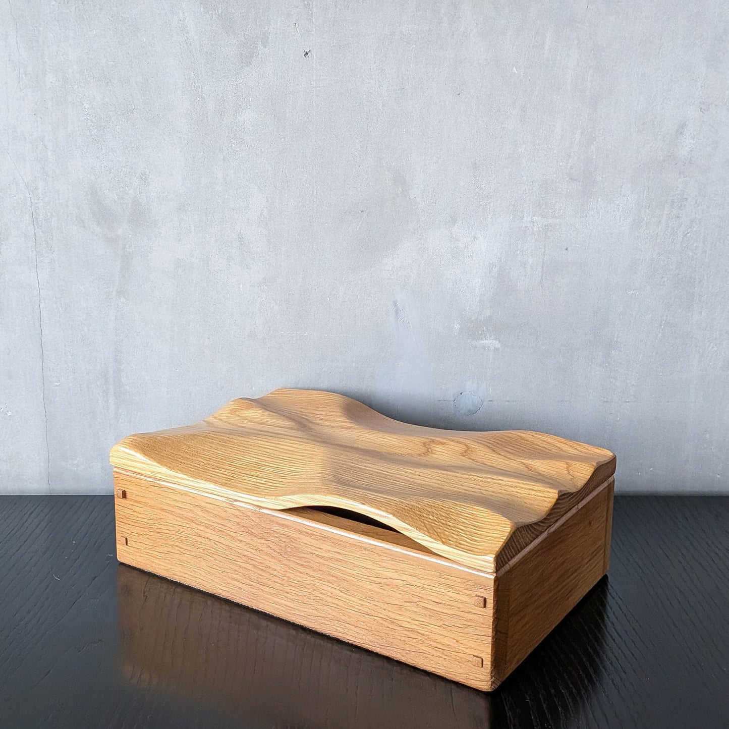 Artisan made oak wooden handmade lidded carved wave box