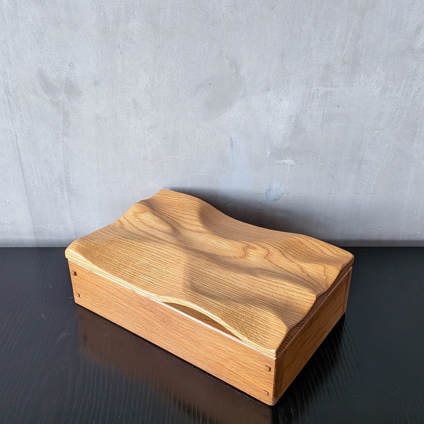 Artisan made oak wooden handmade lidded carved wave box
