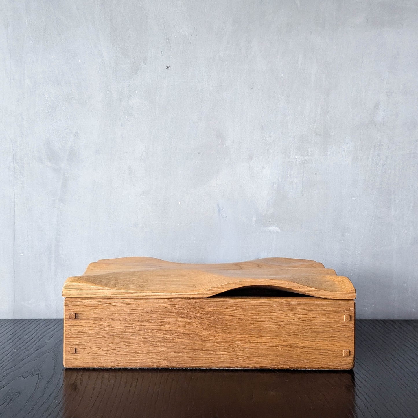 Artisan made oak wooden handmade lidded carved wave box
