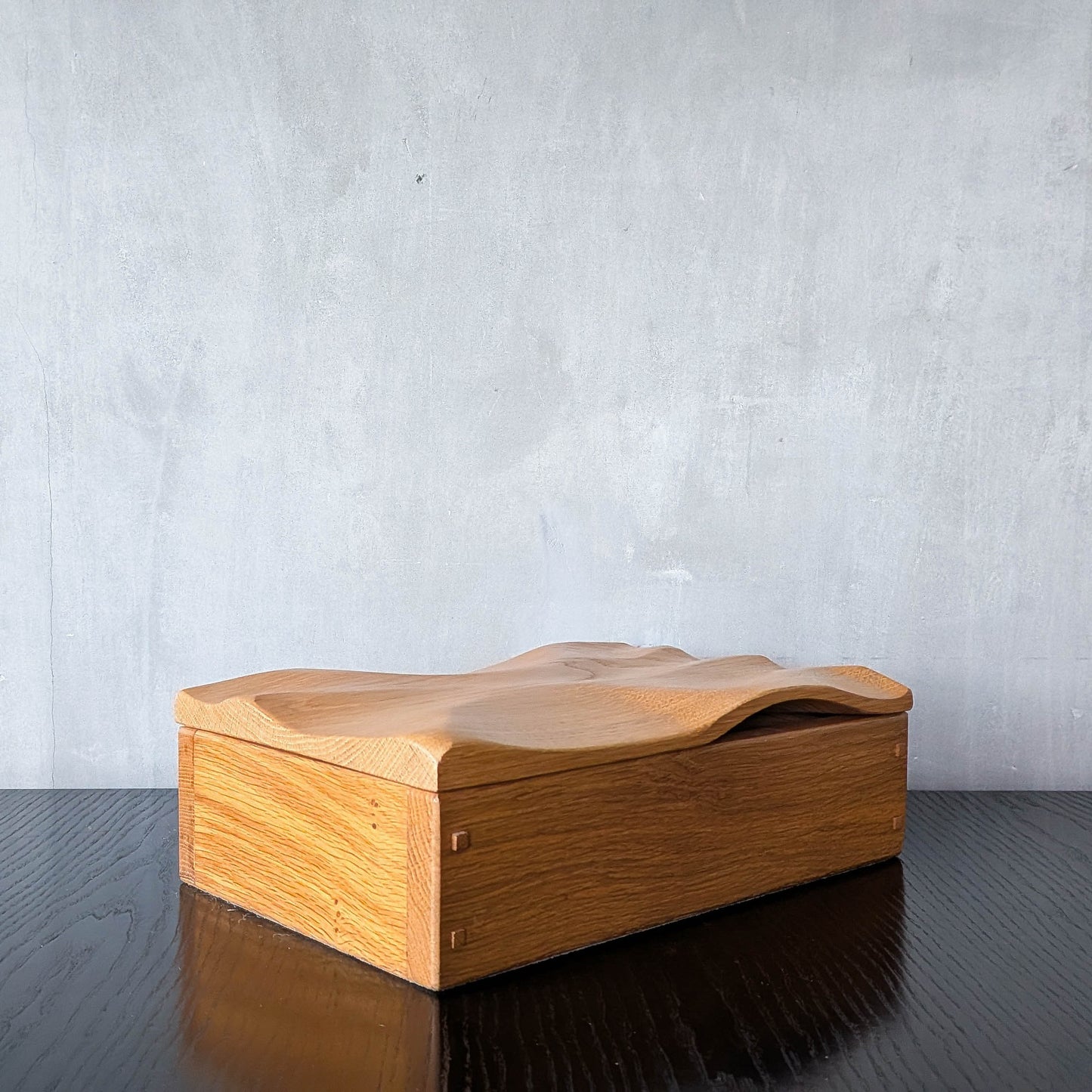 Artisan made oak wooden handmade lidded carved wave box