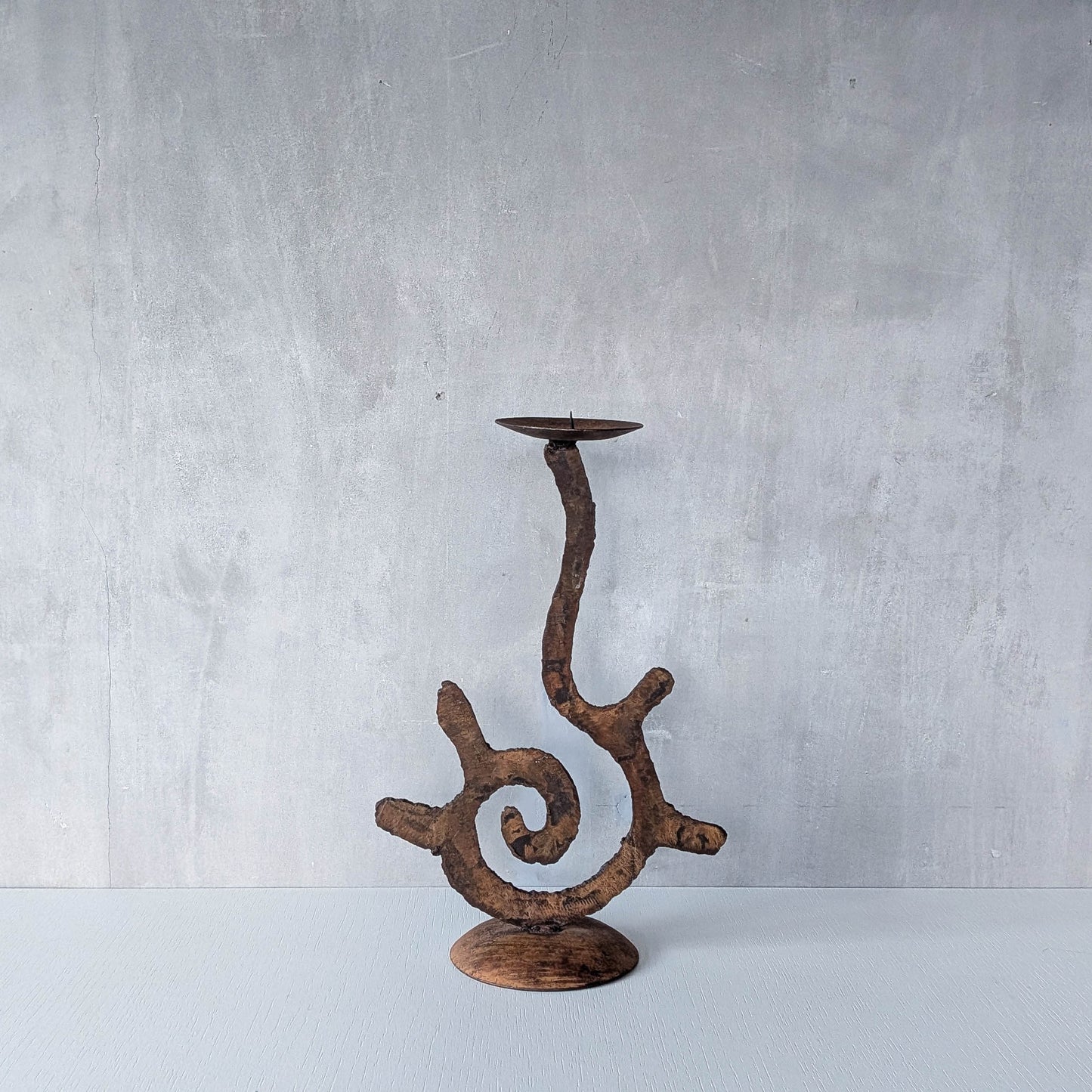 Vintage large torch cut rusted steel sculptural spiral candle holder