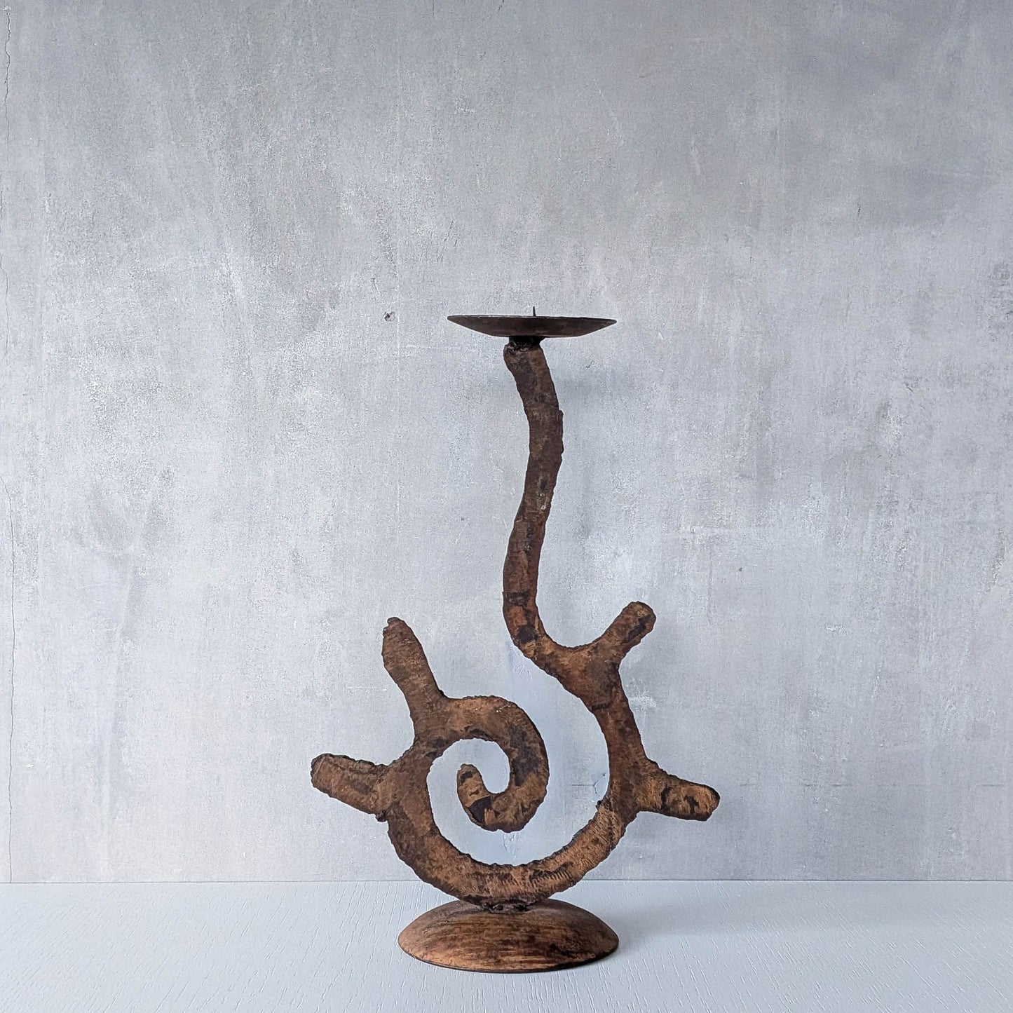 Vintage large torch cut rusted steel sculptural spiral candle holder