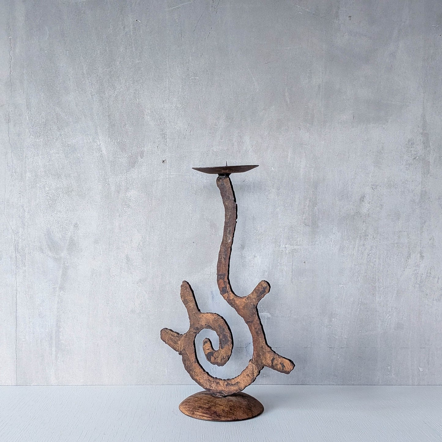 Vintage large torch cut rusted steel sculptural spiral candle holder