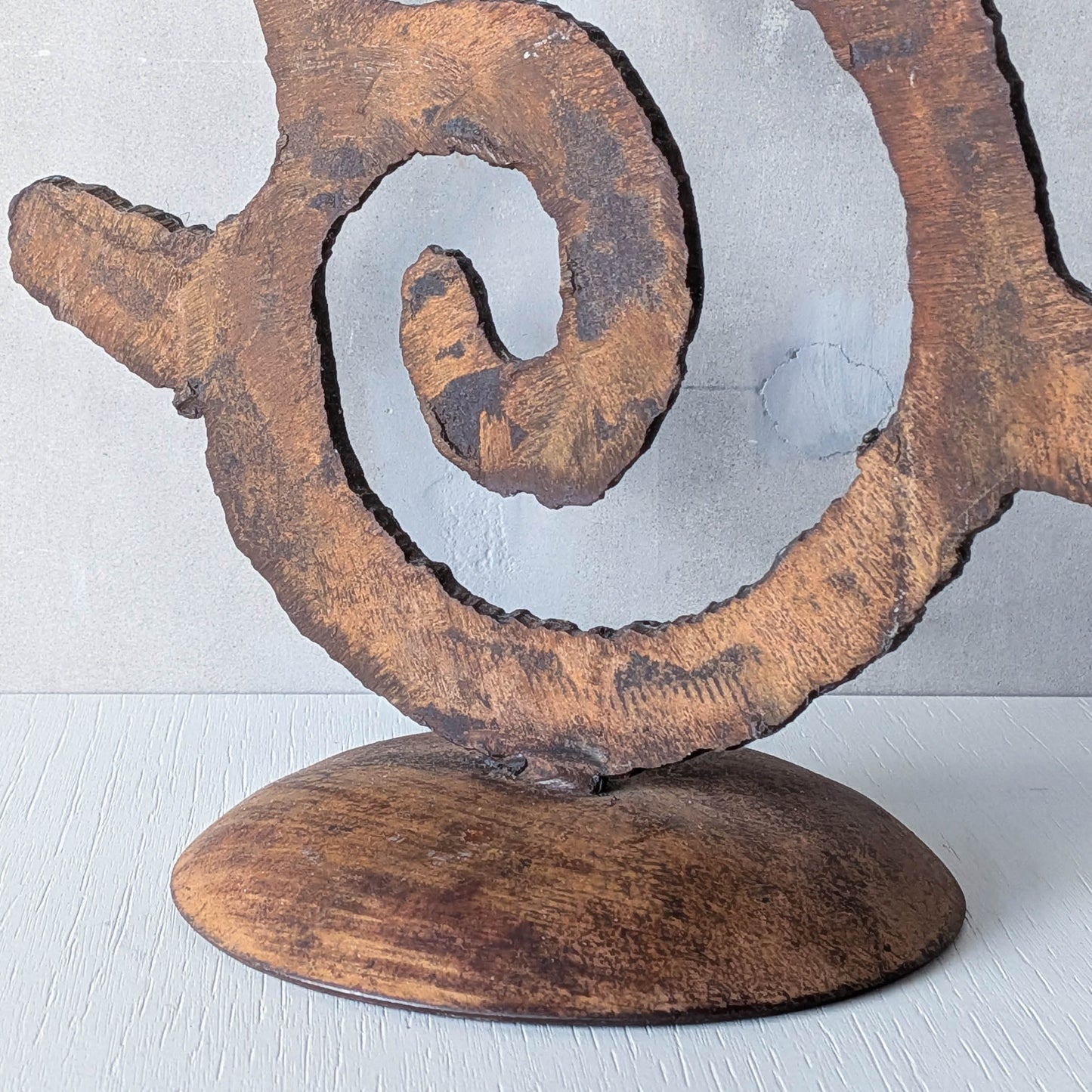 Vintage large torch cut rusted steel sculptural spiral candle holder