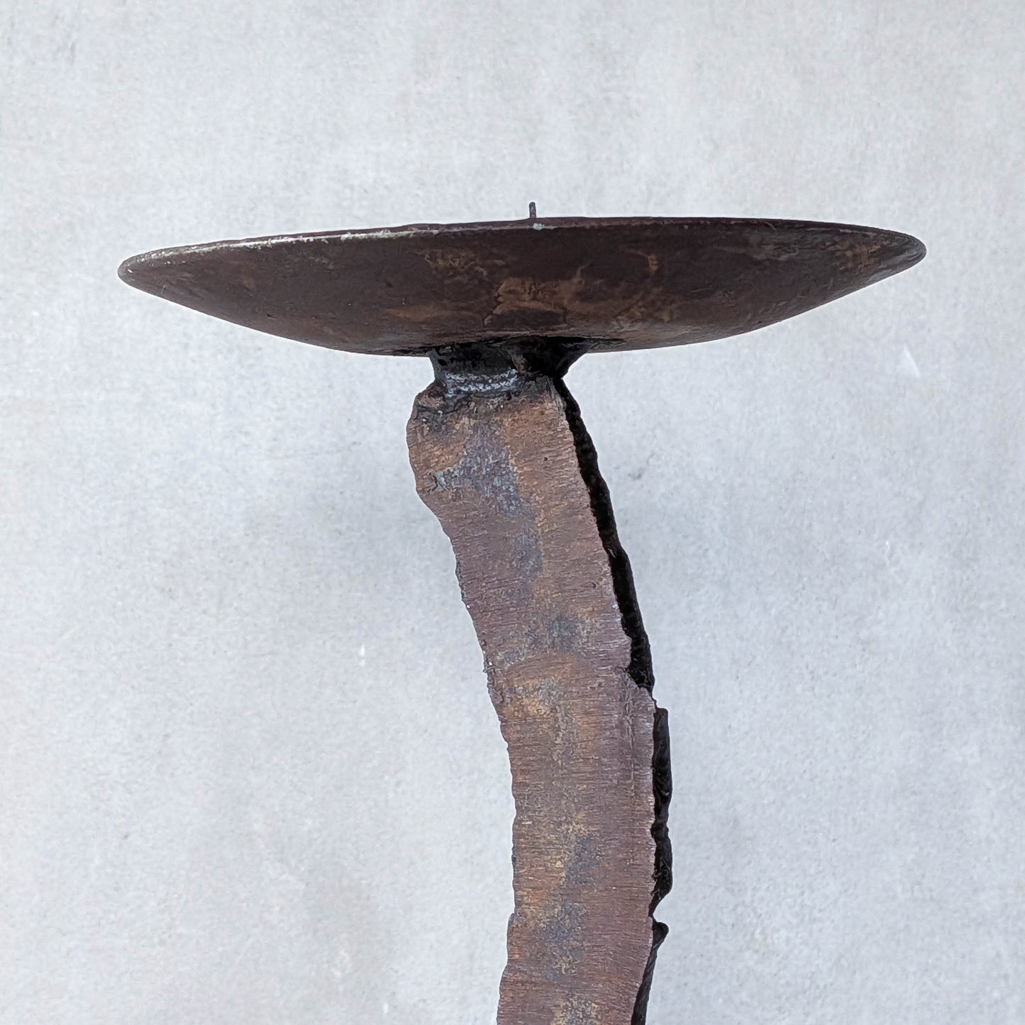 Vintage large torch cut rusted steel sculptural spiral candle holder