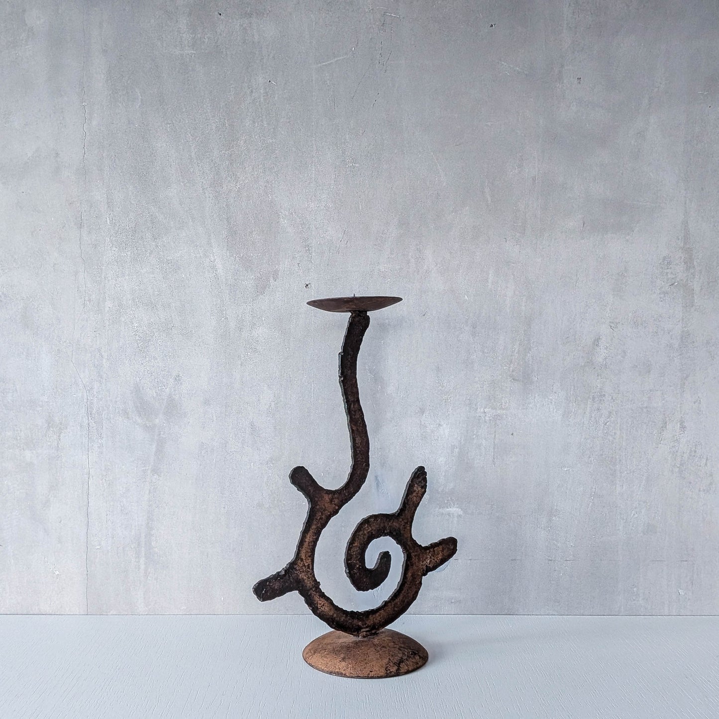 Vintage large torch cut rusted steel sculptural spiral candle holder