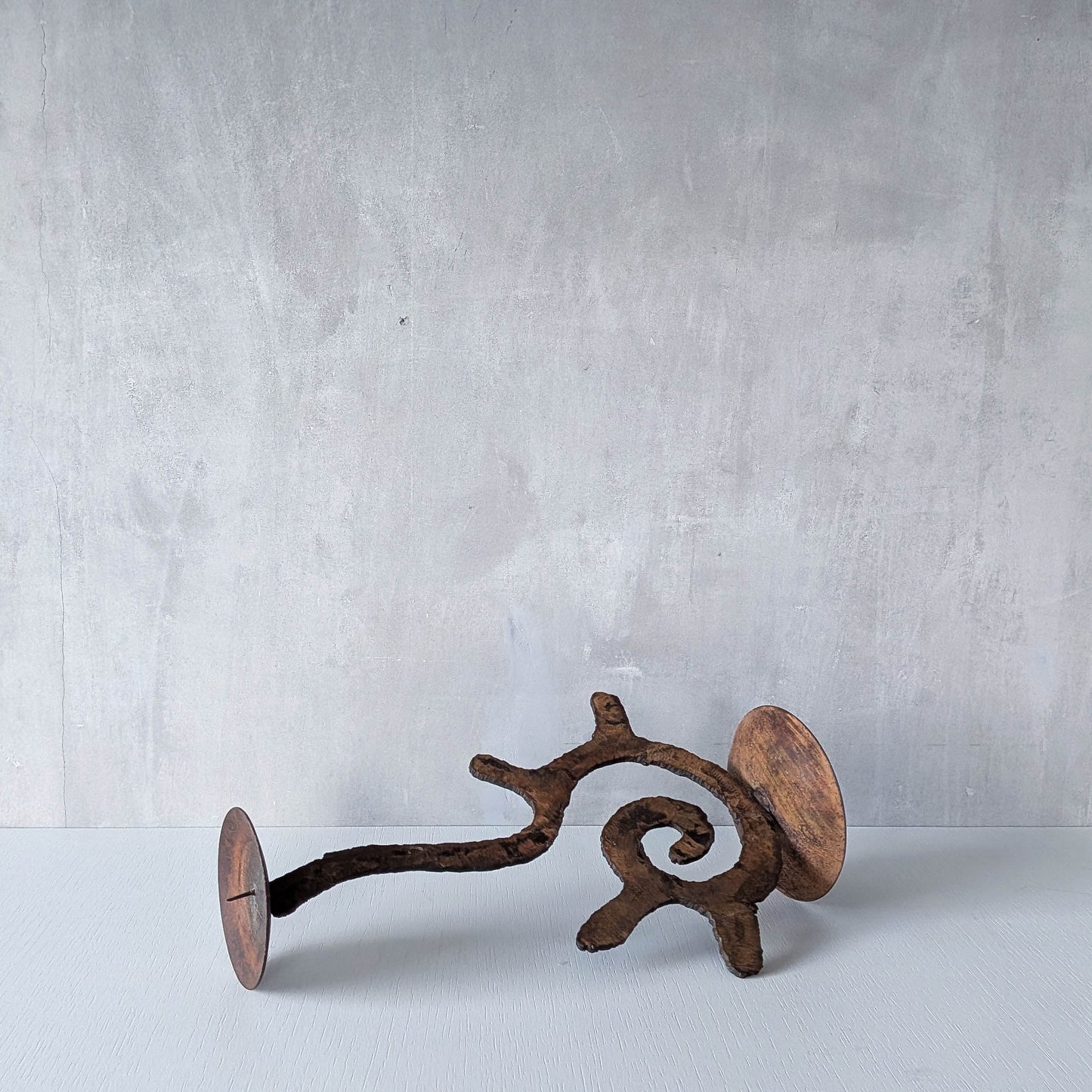 Vintage large torch cut rusted steel sculptural spiral candle holder