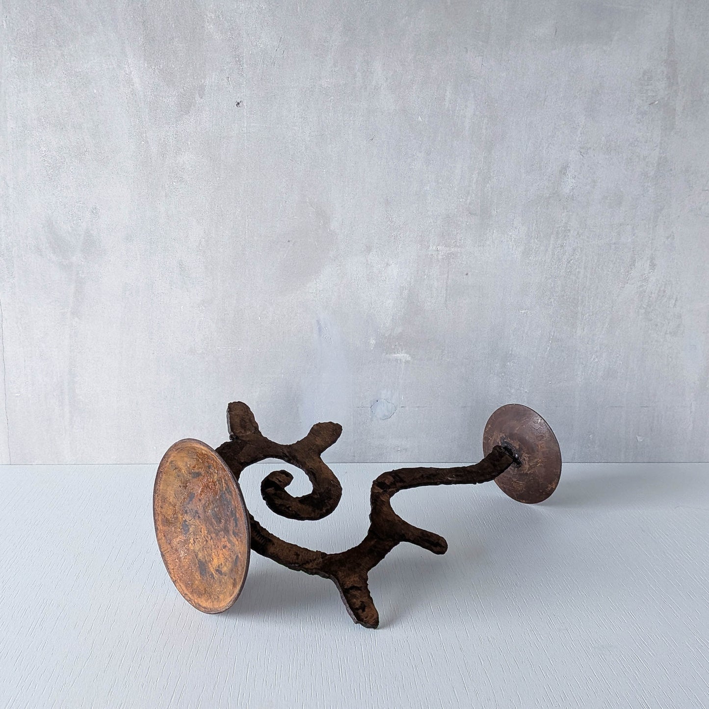 Vintage large torch cut rusted steel sculptural spiral candle holder