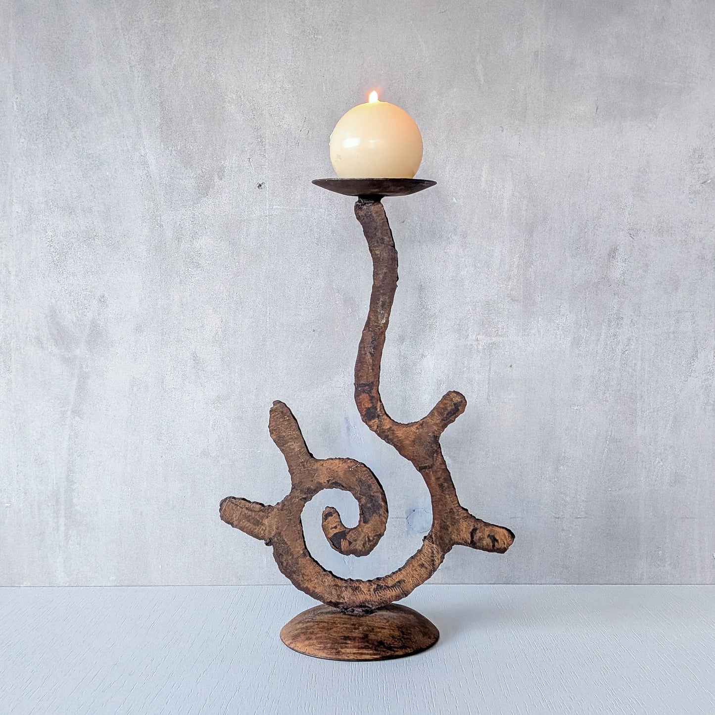 Vintage large torch cut rusted steel sculptural spiral candle holder