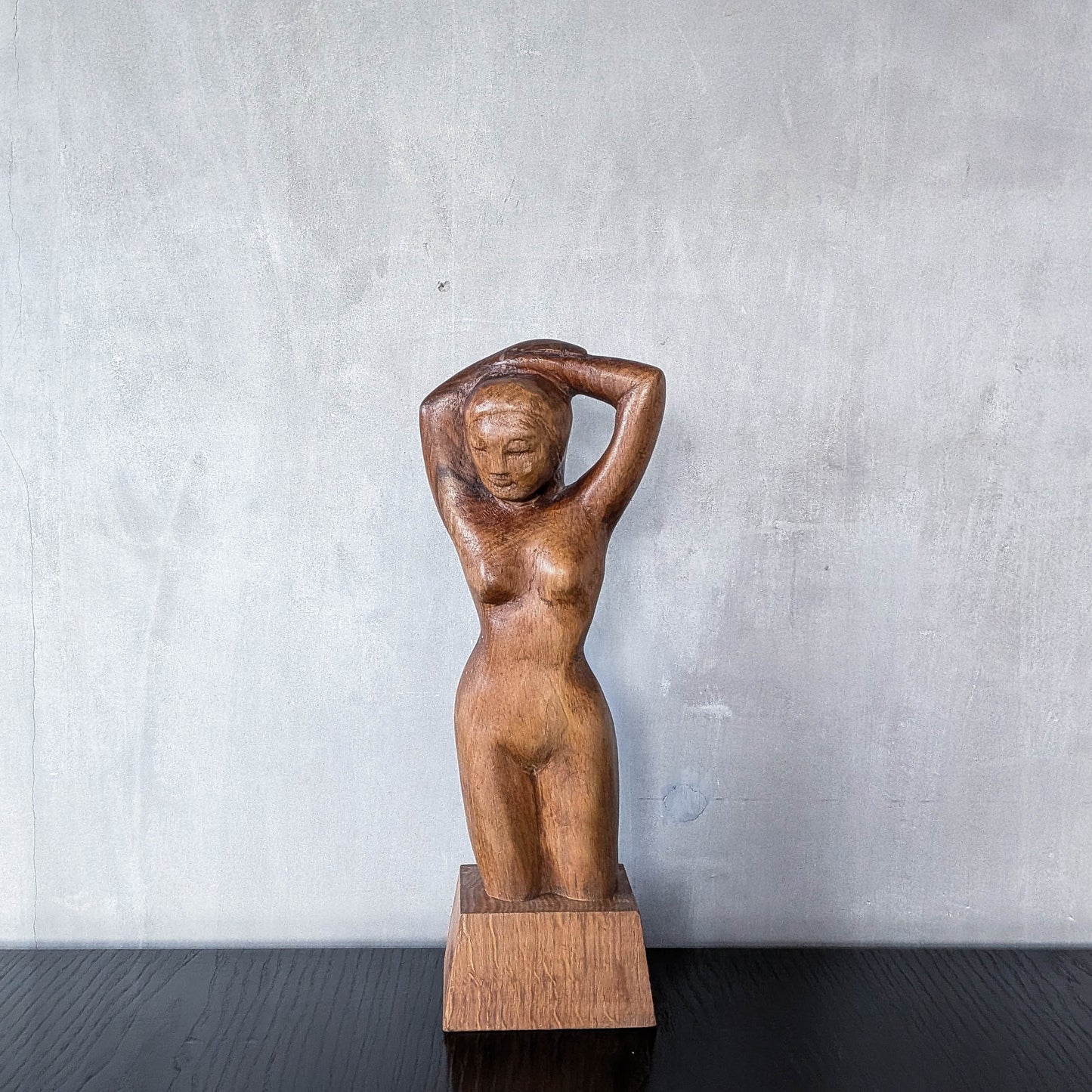 Mid century hand carved hardwood nude figure study on plinth base