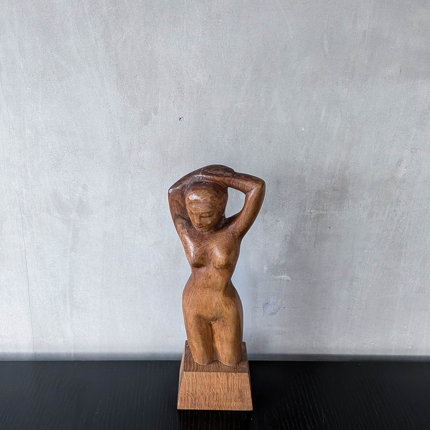 Mid century hand carved hardwood nude figure study on plinth base