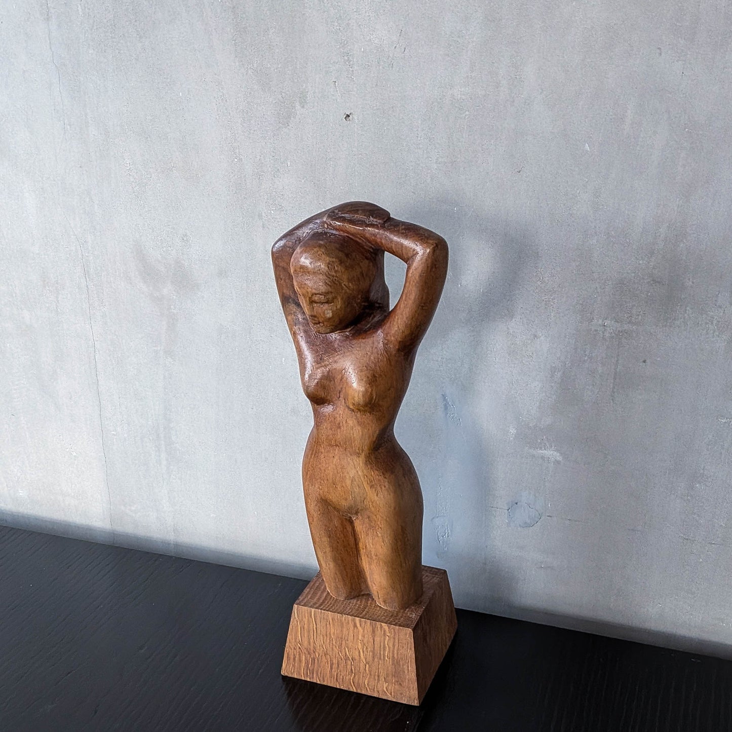 Mid century hand carved hardwood nude figure study on plinth base