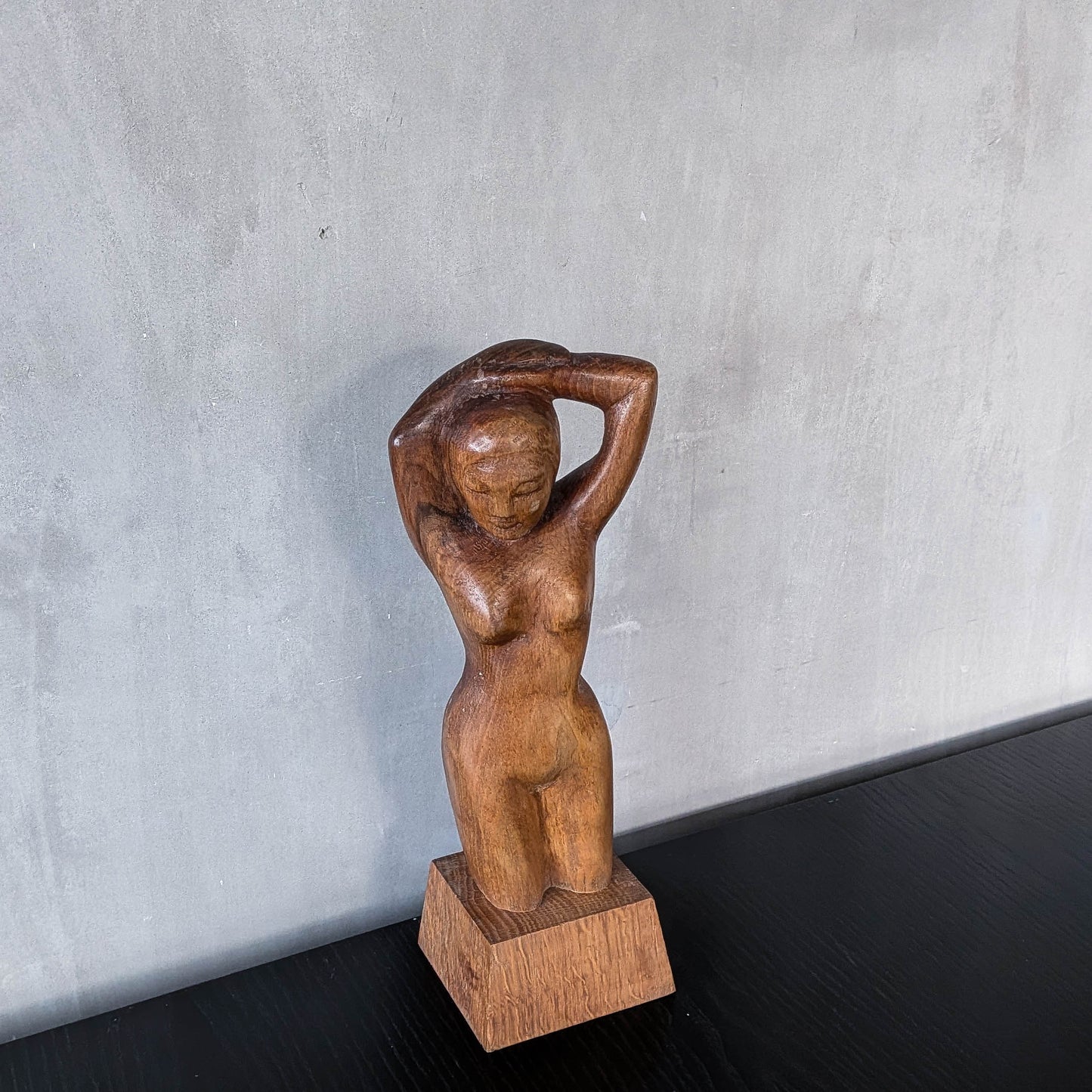 Mid century hand carved hardwood nude figure study on plinth base