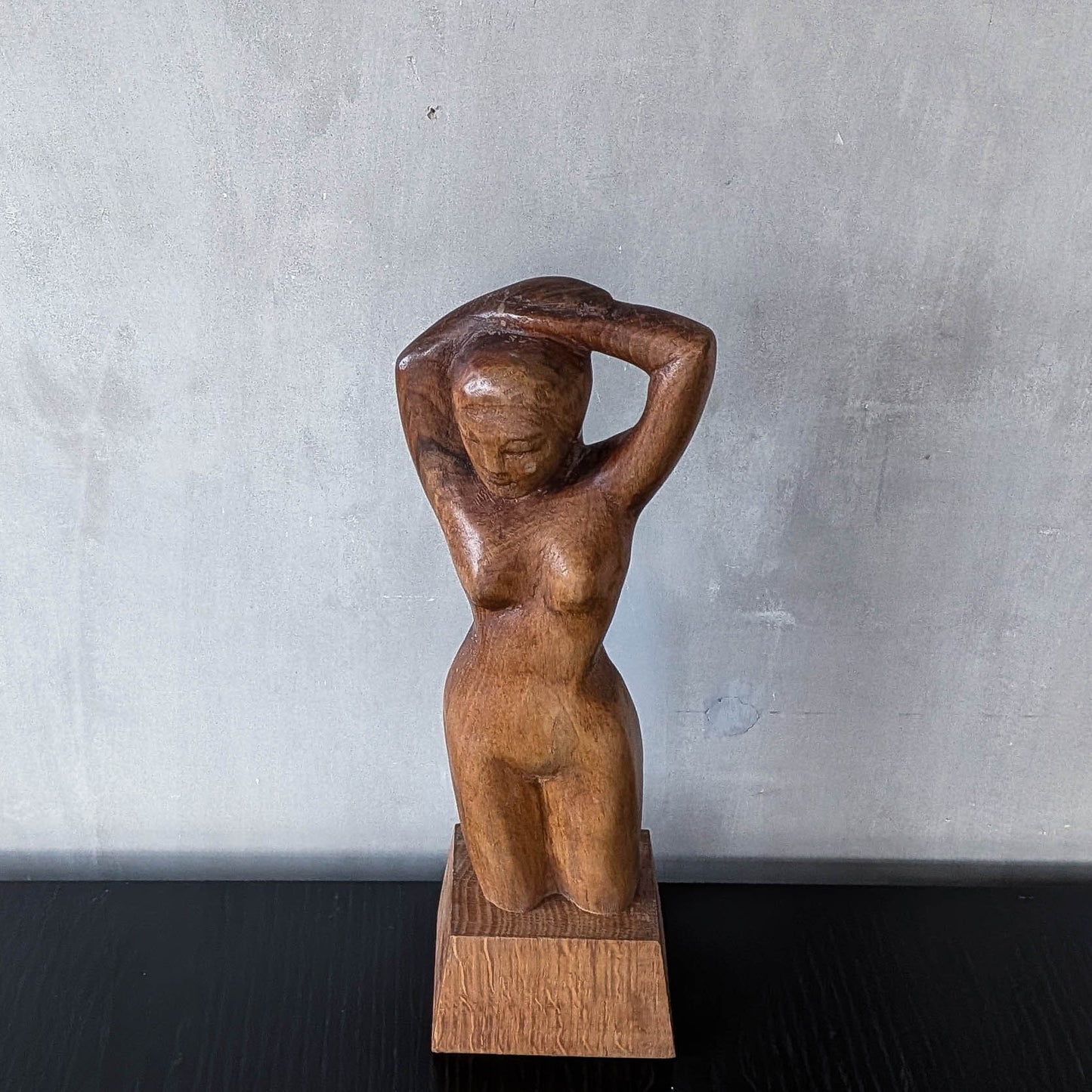 Mid century hand carved hardwood nude figure study on plinth base