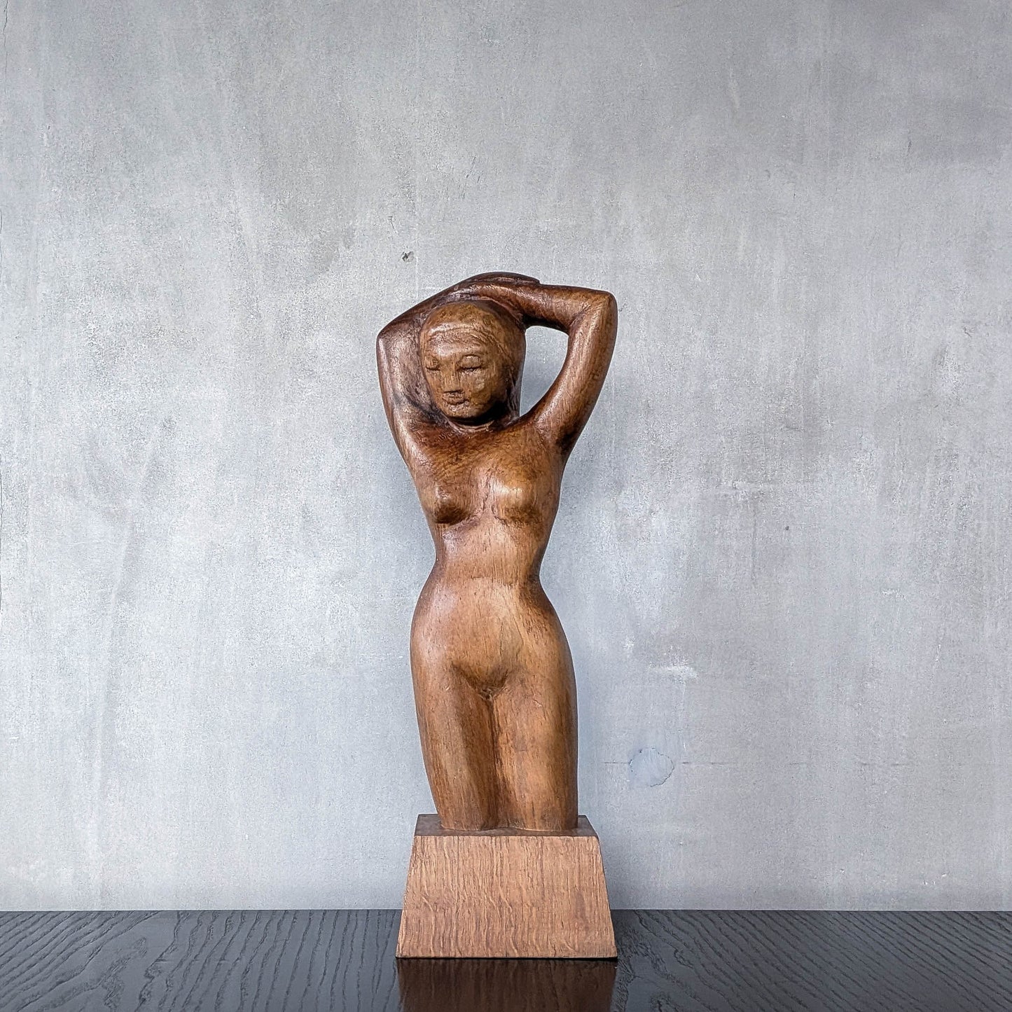 Mid century hand carved hardwood nude figure study on plinth base
