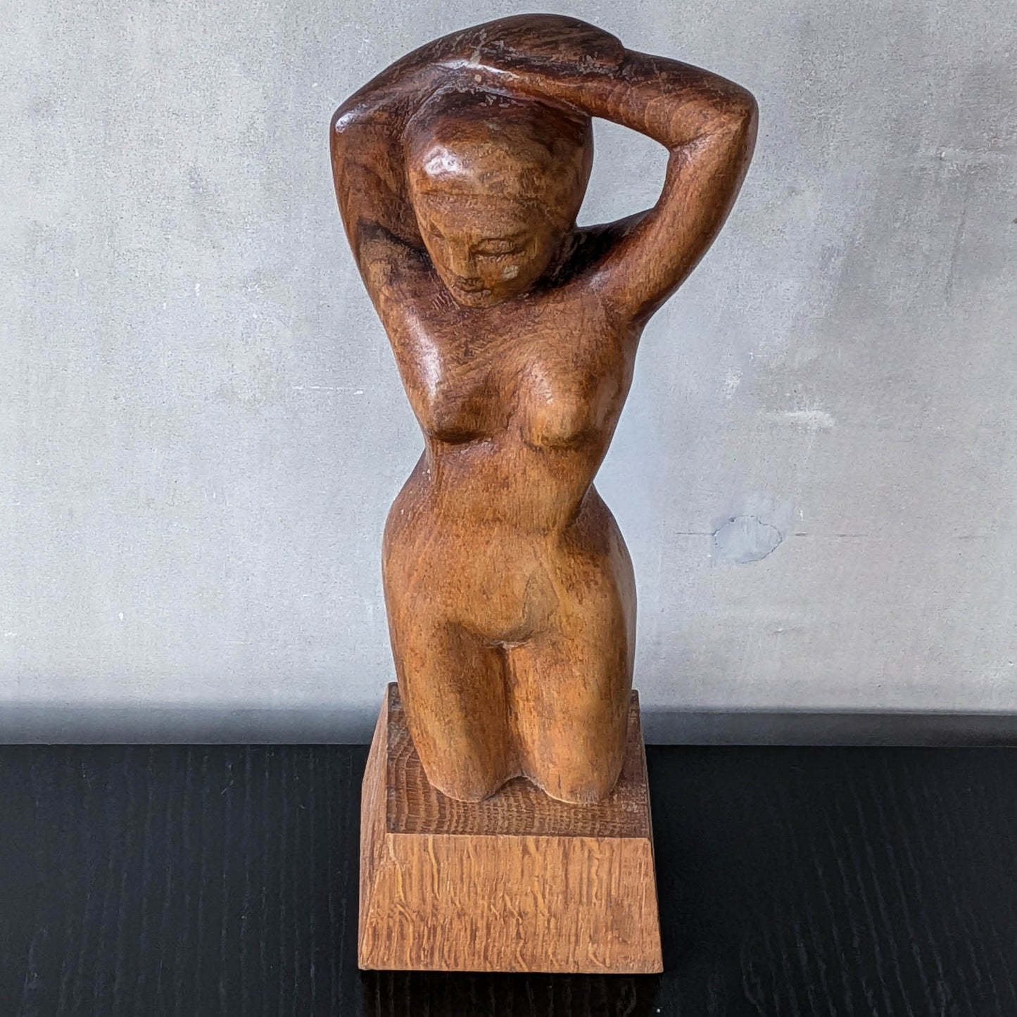 Mid century hand carved hardwood nude figure study on plinth base