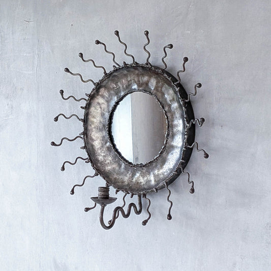 Vintage artisan metalwork welded steel sun ray mirror candle sconce