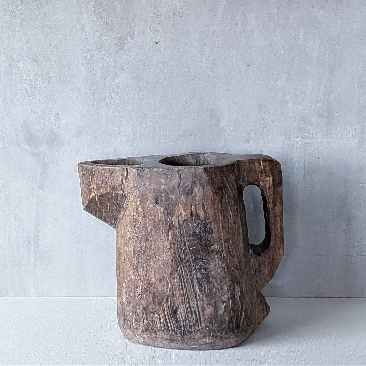 Folk art sculptural heavy hardwood chainsaw cut carved jug 1