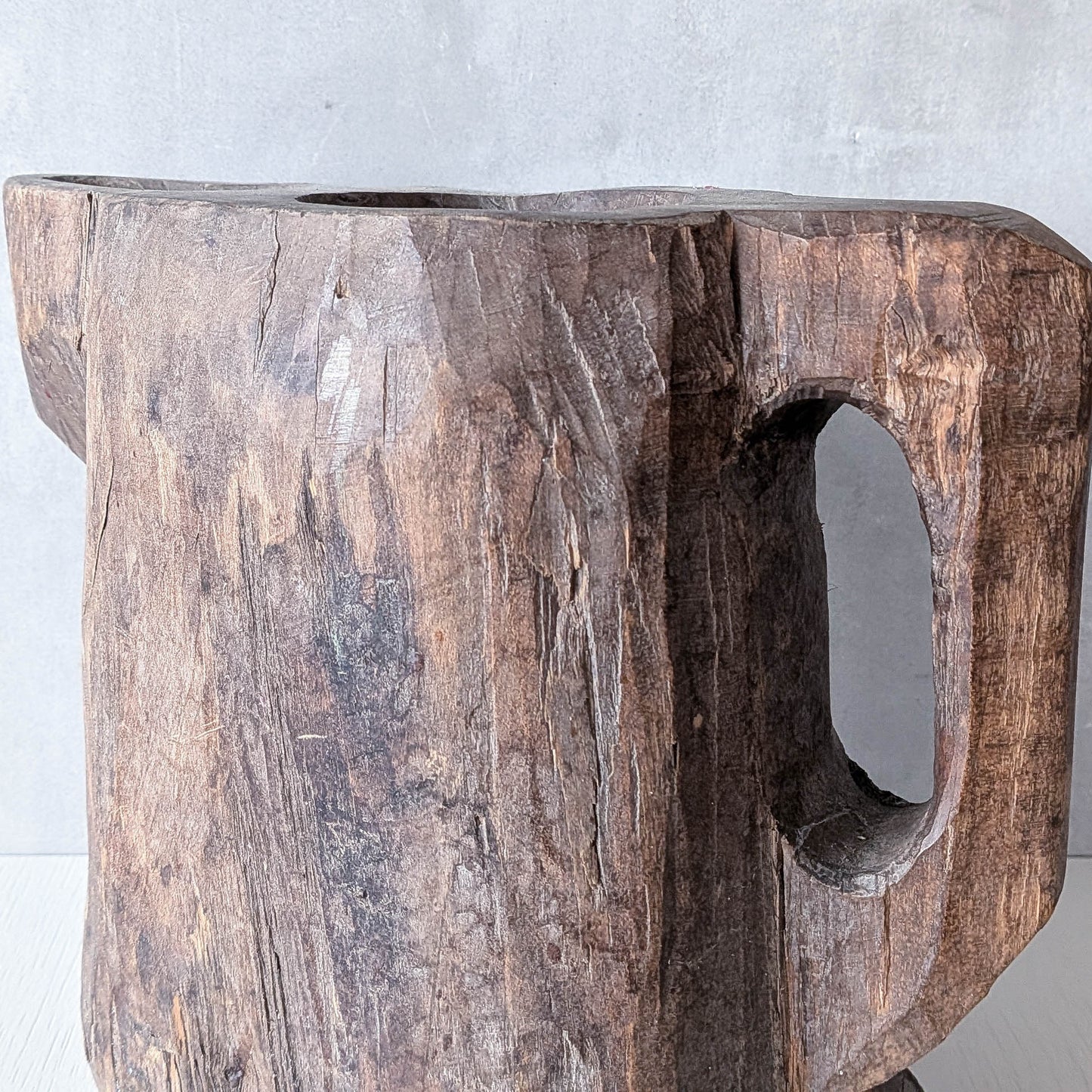 Folk art sculptural heavy hardwood chainsaw cut carved jug 1