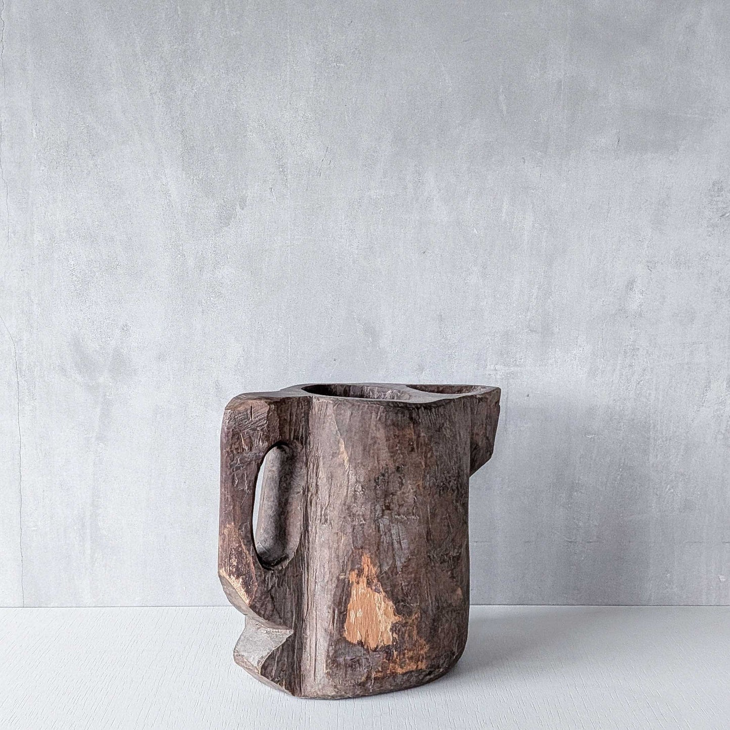 Folk art sculptural heavy hardwood chainsaw cut carved jug 1