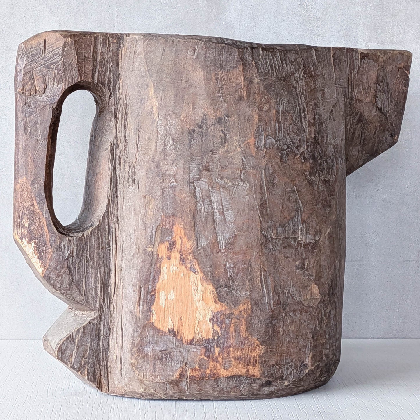 Folk art sculptural heavy hardwood chainsaw cut carved jug 1
