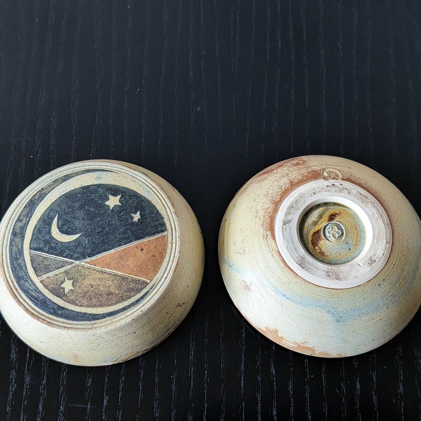 Vintage hand built ceramic studio pottery moon lidded pot Elizabeth Raeburn