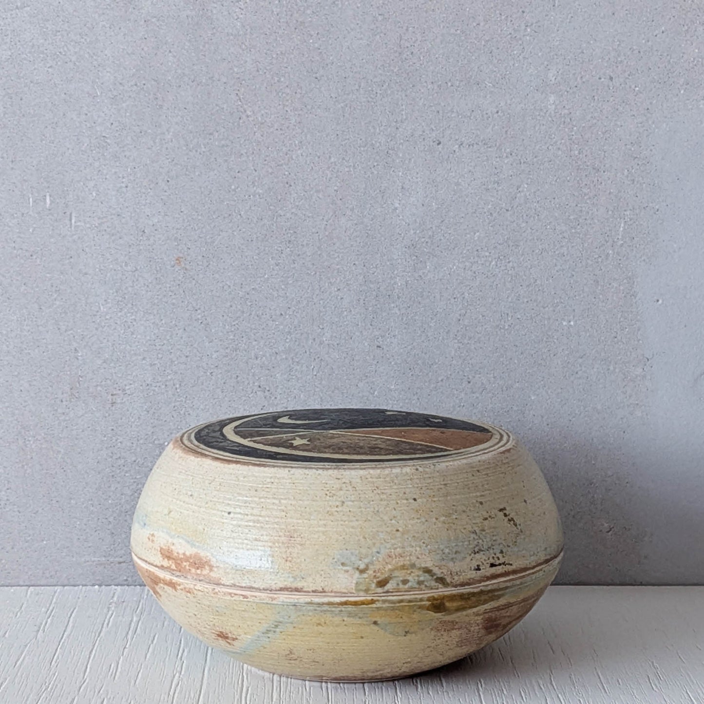 Vintage hand built ceramic studio pottery moon lidded pot Elizabeth Raeburn