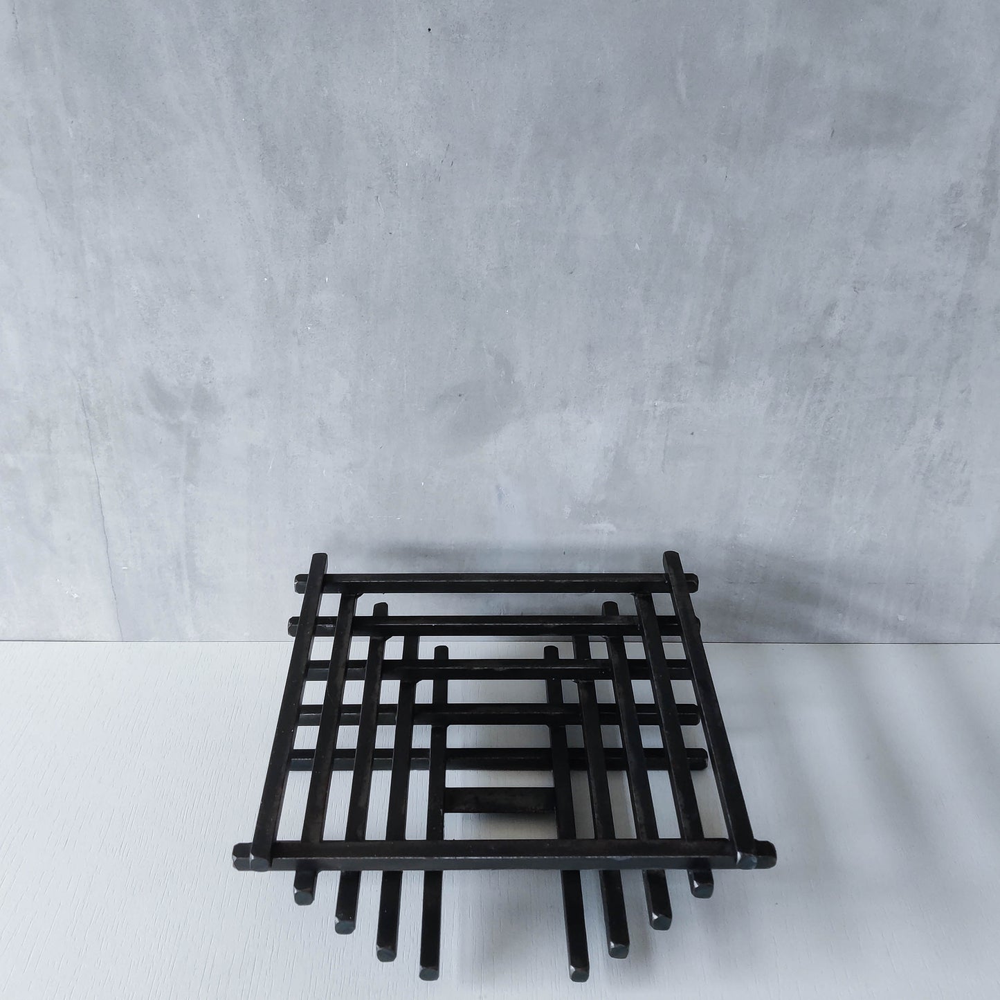 Vintage heavy welded steel rod geometric gridded sculptural fruit bowl centrepiece