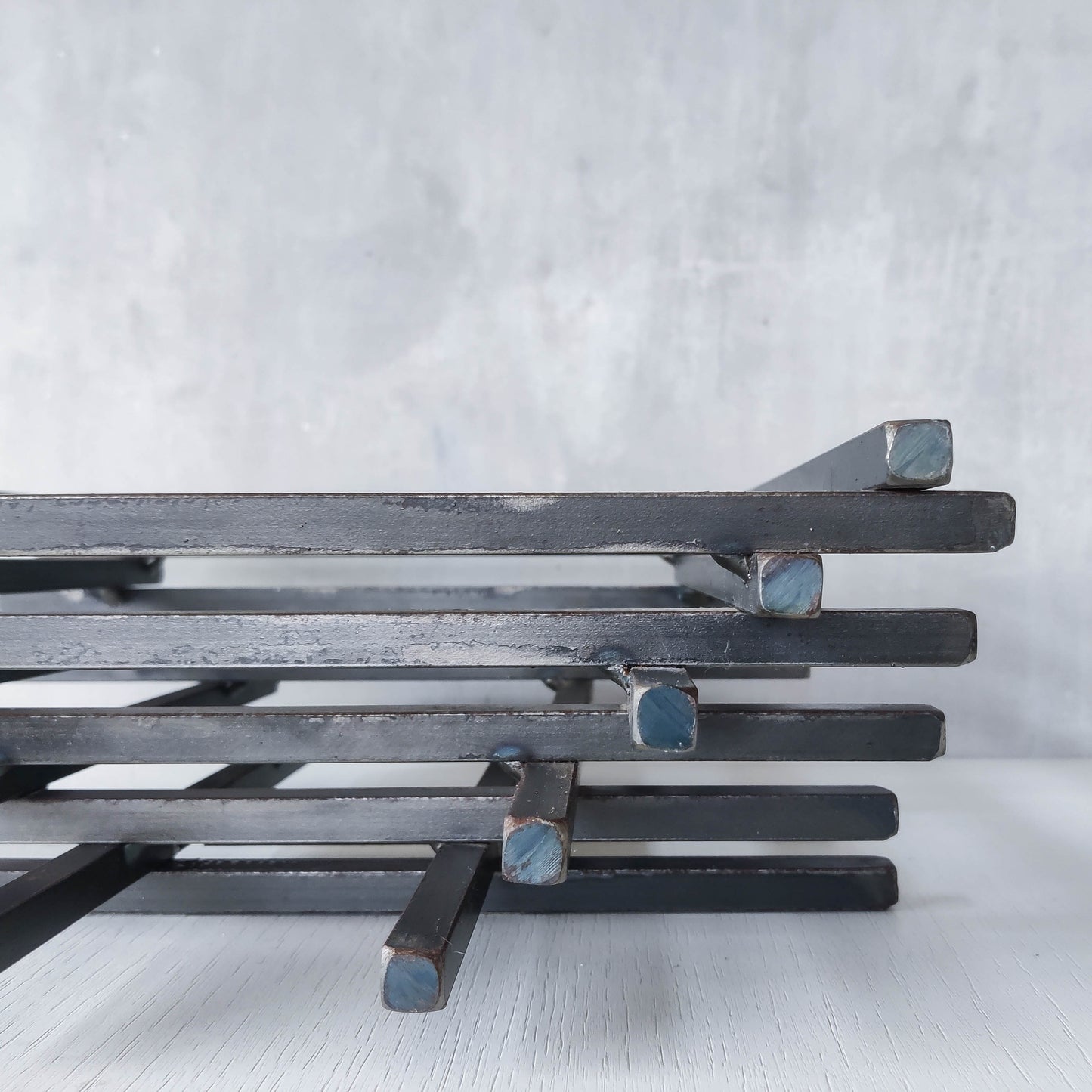 Vintage heavy welded steel rod geometric gridded sculptural fruit bowl centrepiece