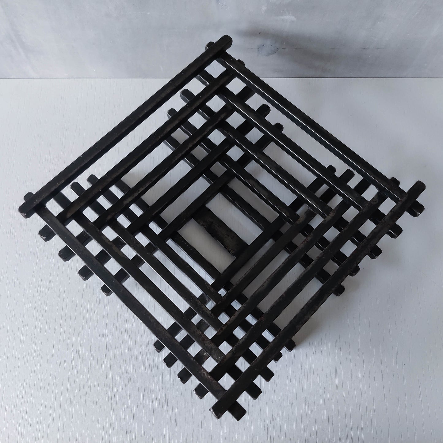 Vintage heavy welded steel rod geometric gridded sculptural fruit bowl centrepiece