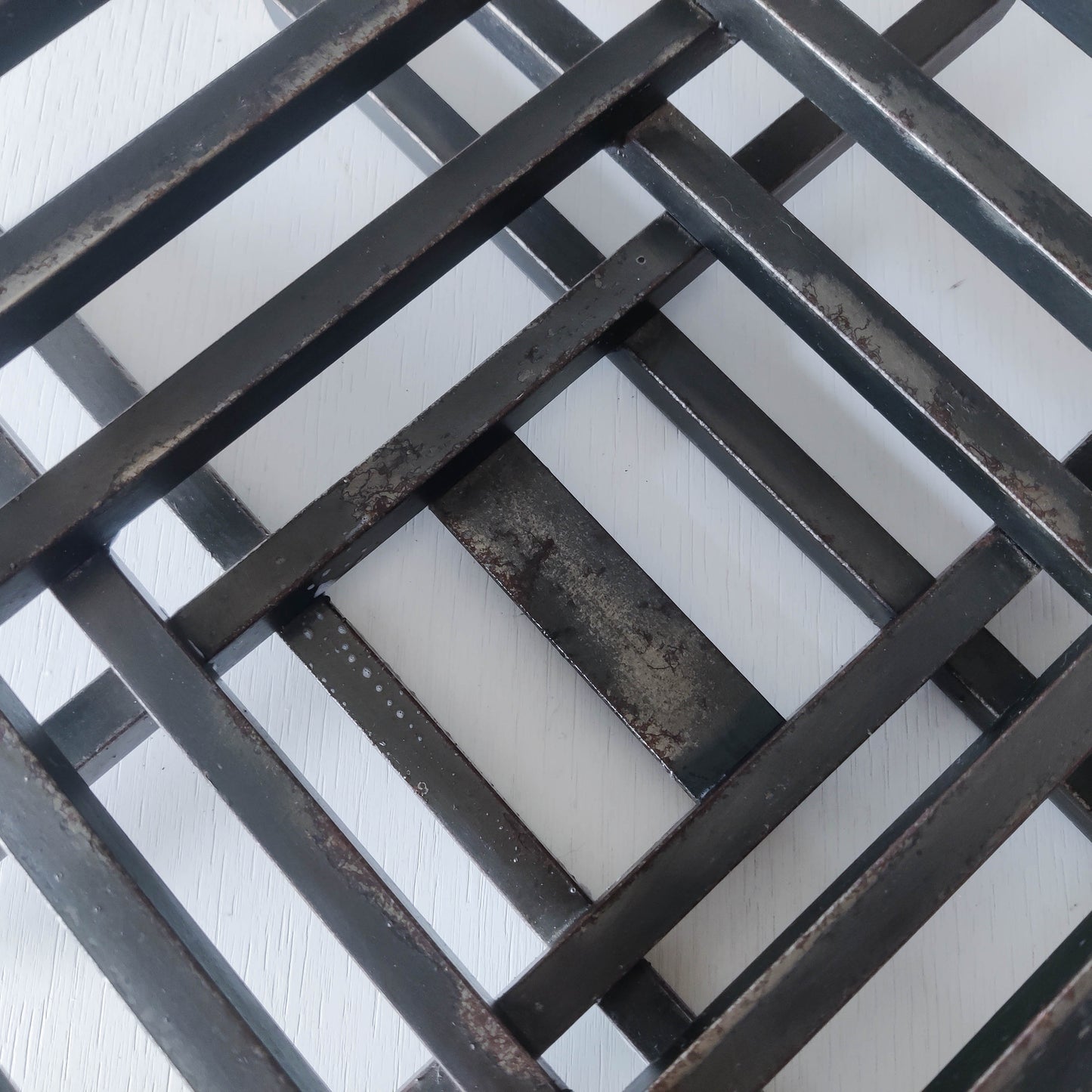 Vintage heavy welded steel rod geometric gridded sculptural fruit bowl centrepiece