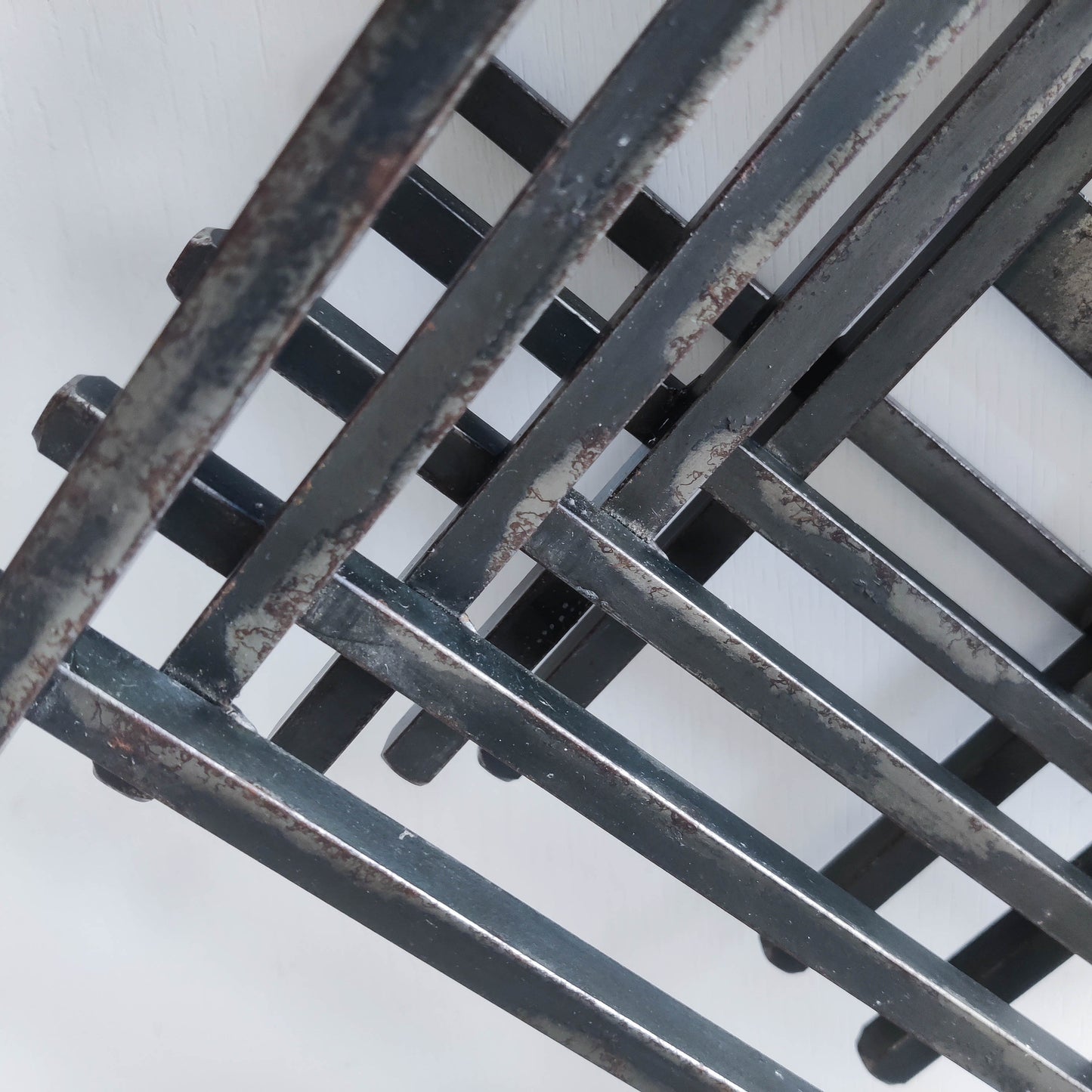Vintage heavy welded steel rod geometric gridded sculptural fruit bowl centrepiece