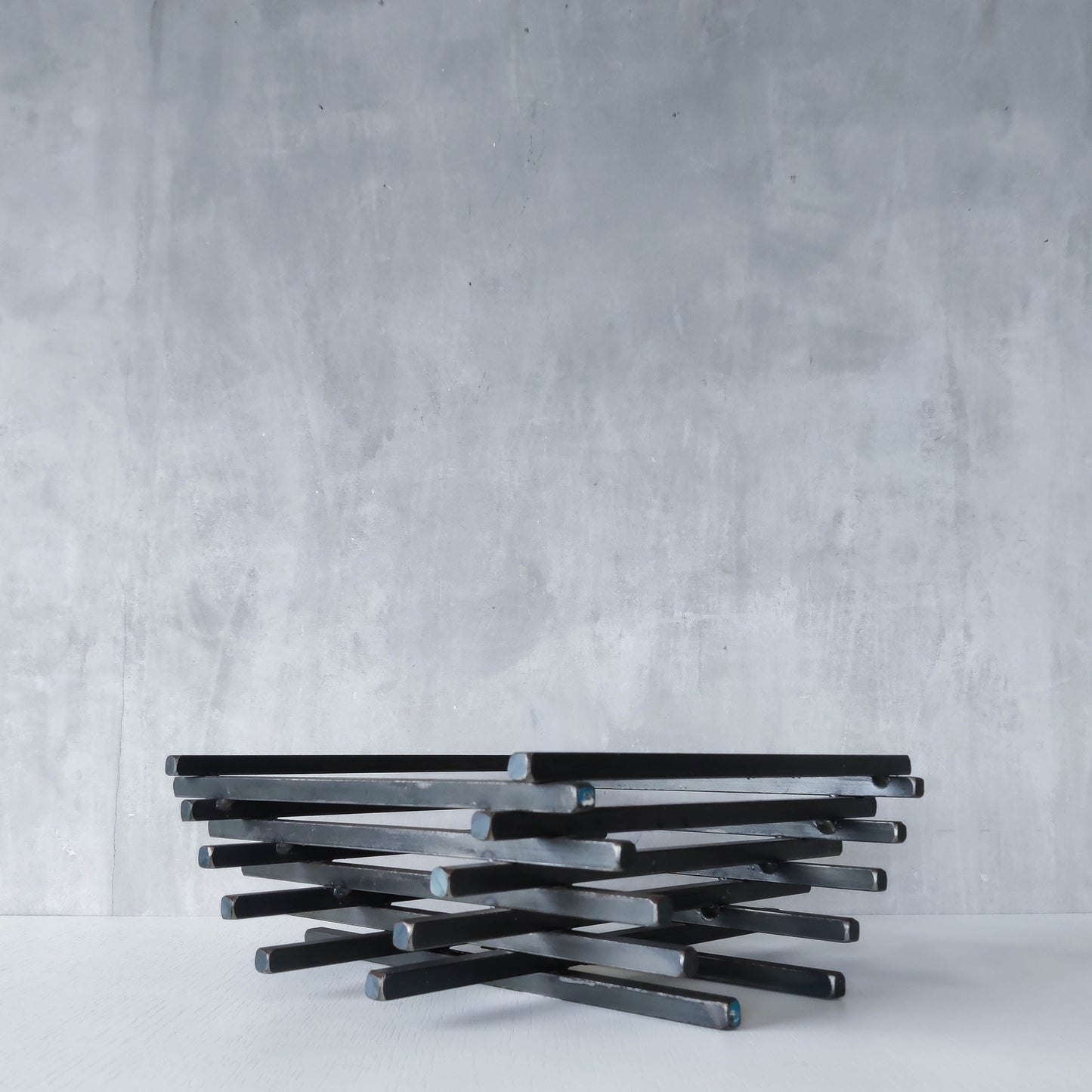 Vintage heavy welded steel rod geometric gridded sculptural fruit bowl centrepiece