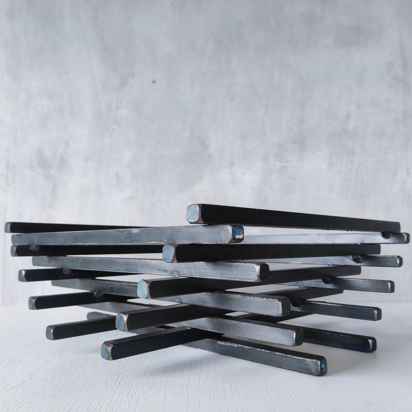 Vintage heavy welded steel rod geometric gridded sculptural fruit bowl centrepiece
