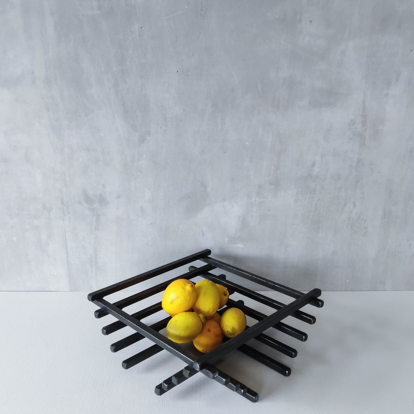 Vintage heavy welded steel rod geometric gridded sculptural fruit bowl centrepiece
